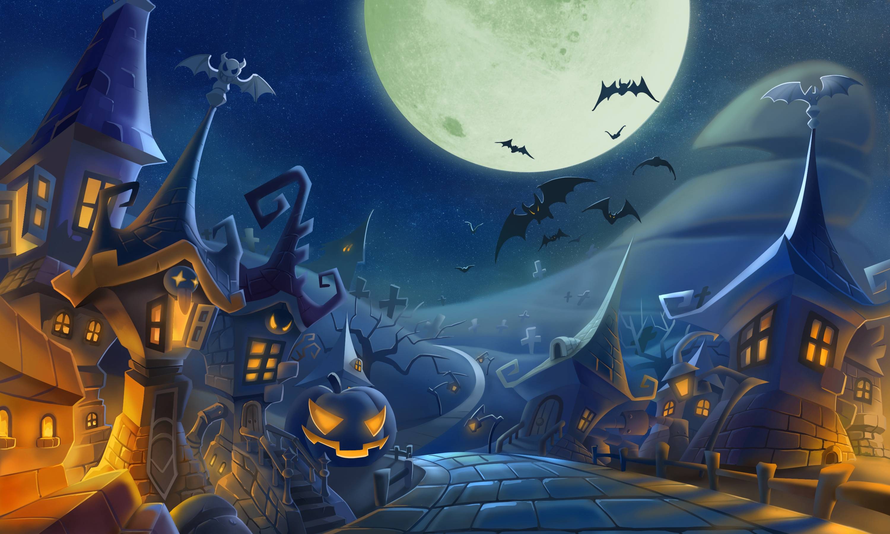 Anime 3000x1800 Halloween bats fantasy art Moon artwork night sky pumpkin