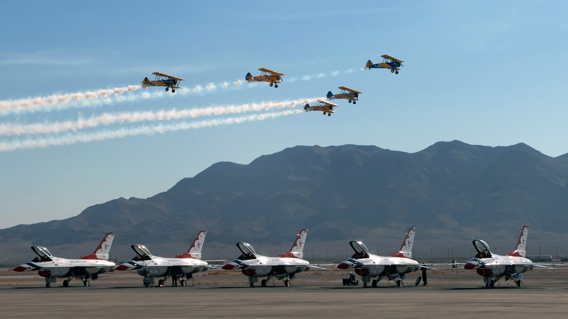 General 1920x1080 military aircraft airplane sky jets General Dynamics F-16 Fighting Falcon contrails military aircraft military vehicle vehicle US Air Force thunderbirds smoke aerobatic team biplane airshows