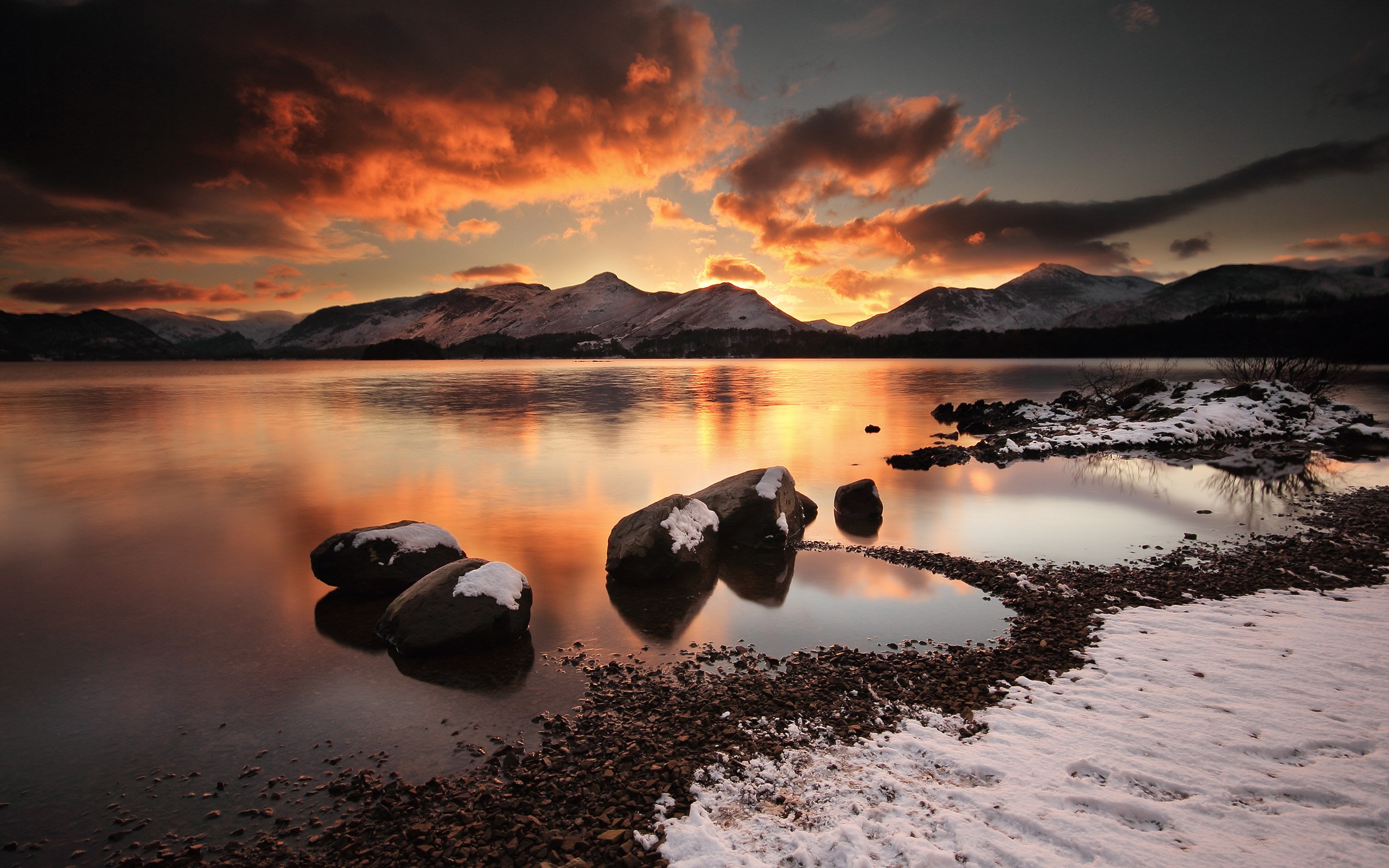 General 2560x1600 landscape lake sunset stones mountains snow coast sky clouds water winter nature sunlight