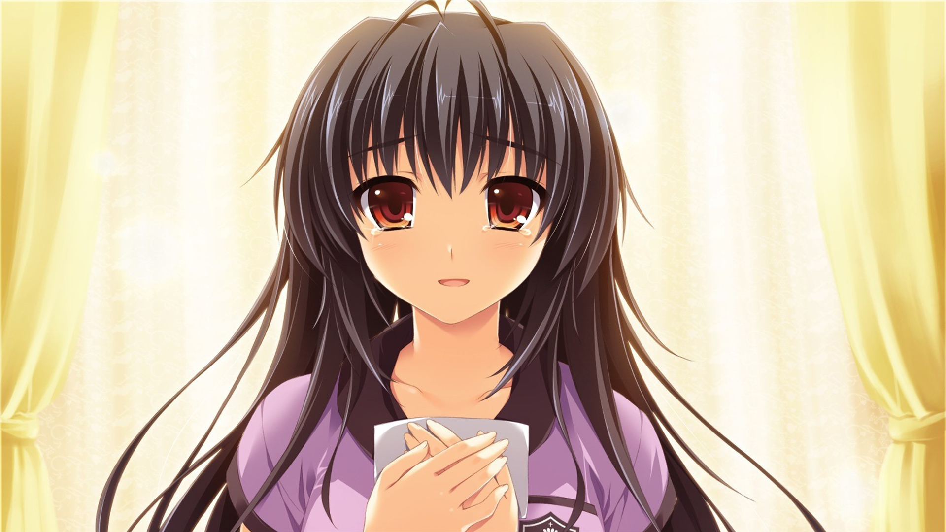 Anime 1920x1080 anime anime girls red eyes dark hair yellow background face looking at viewer hands on chest simple background brunette long hair