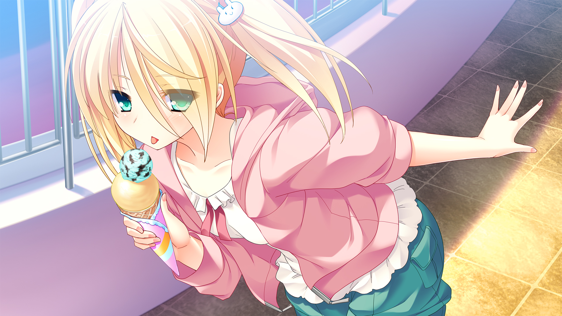 Anime 1920x1080 anime anime girls blonde ice cream Love La Bride green eyes tongue out Mutou Kurihito food sweets tongues