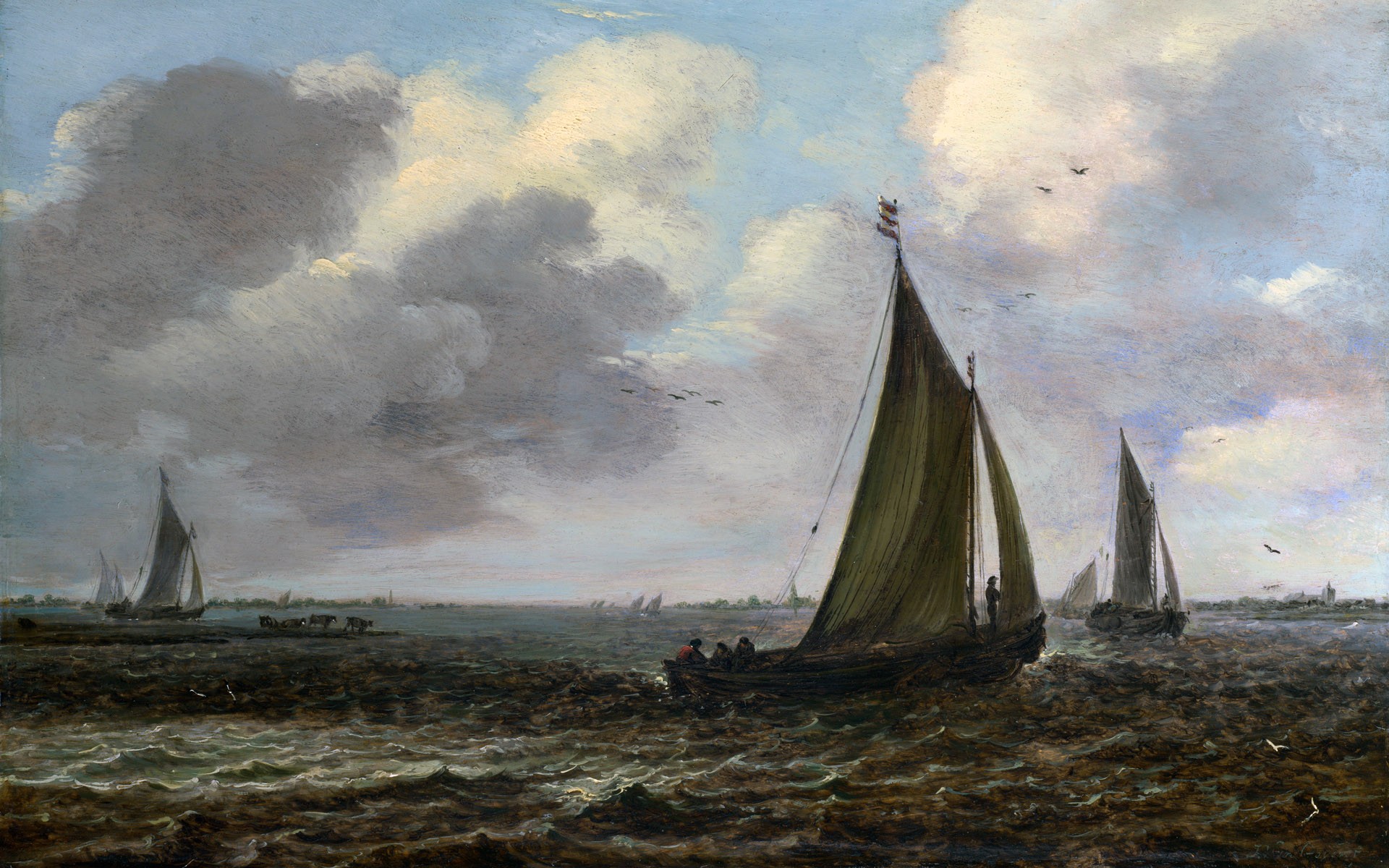 General 1920x1200 classic art painting artwork sea boat vehicle sky clouds