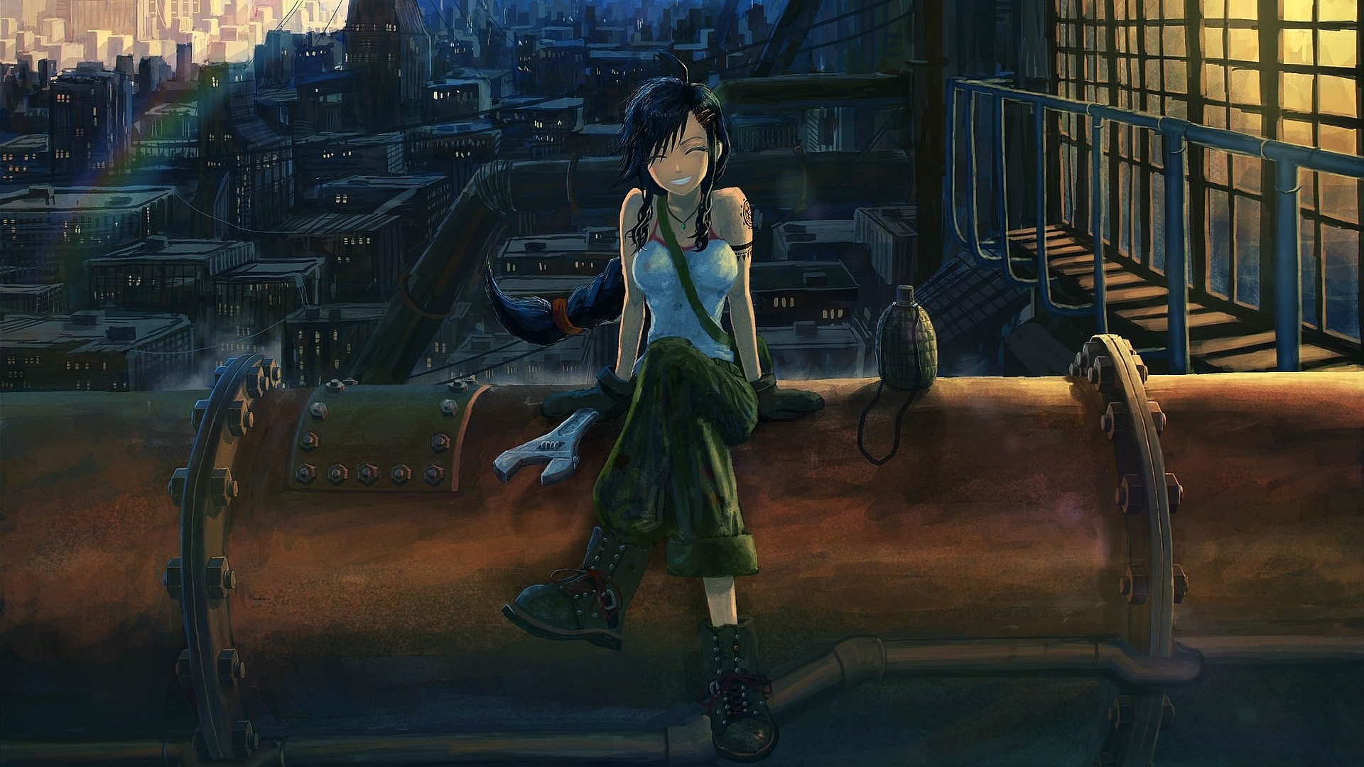 Anime 1920x1080 anime anime girls original characters cityscape legs crossed closed eyes sitting boots dark hair