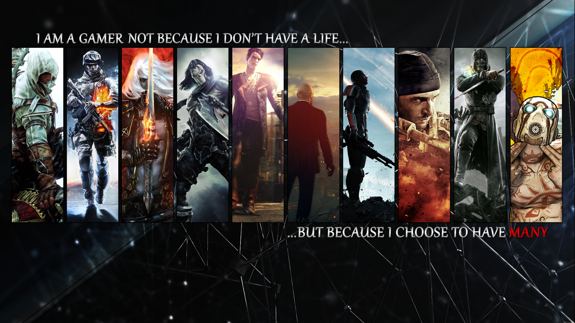 General 1920x1080 video games collage digital art artwork text video game art Assassin's Creed Battlefield (game) Mass Effect Dishonored Borderlands Hitman Darksiders