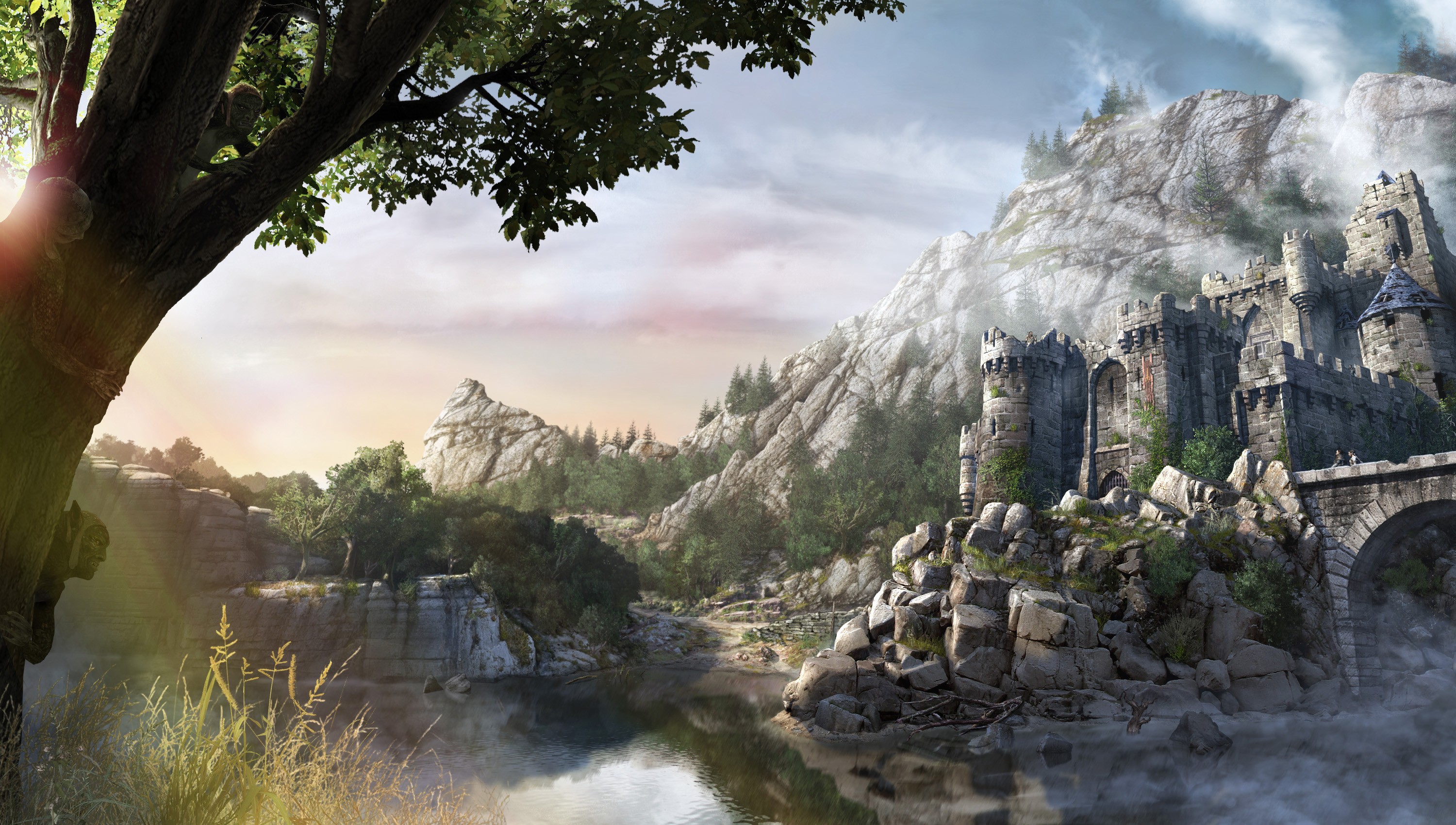 General 3000x1700 artwork fortress lake mountains fantasy art concept art Gothic 4 video games video game art