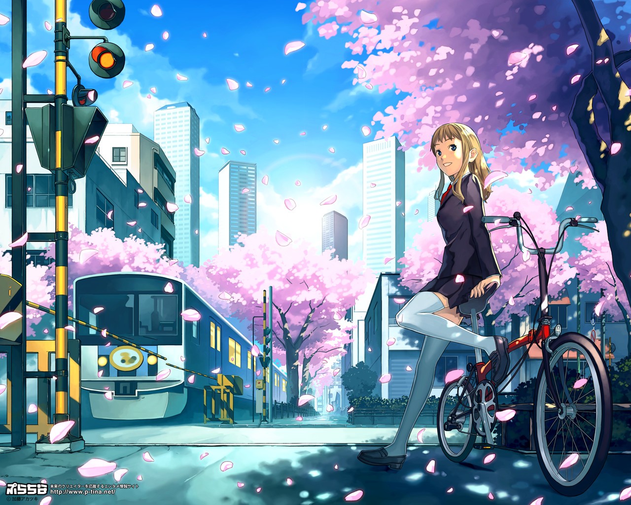 Anime 1280x1024 anime girls city bicycle cherry blossom school uniform schoolgirl cityscape anime vehicle urban women with bicycles
