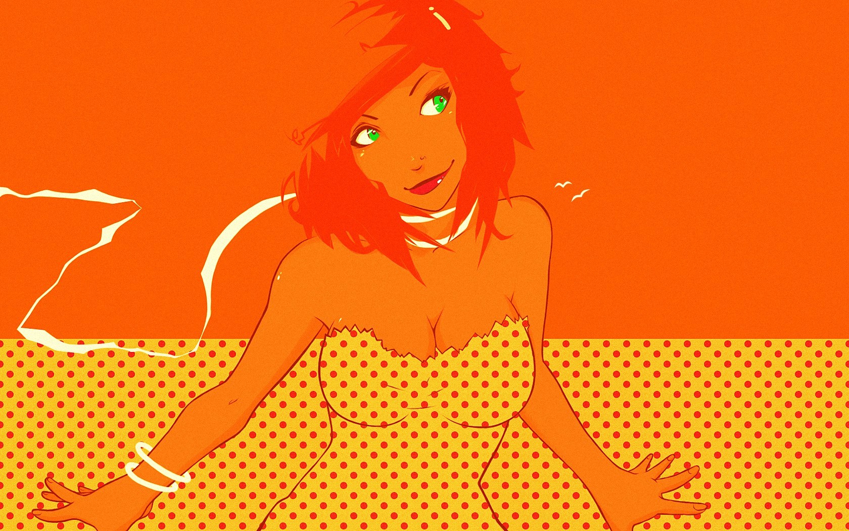 General 1680x1050 redhead green eyes orange background cleavage drawing orange yellow polka dots women boobs artwork looking away red lipstick