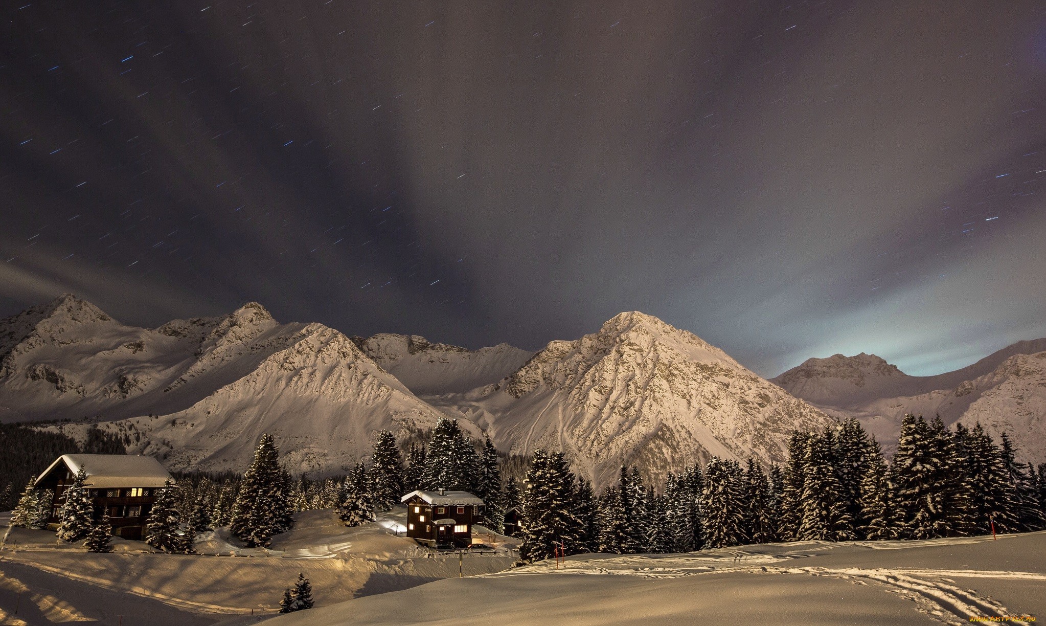 General 2046x1224 mountains snow landscape nature winter cabin snowy peak snowy mountain cold ice outdoors night