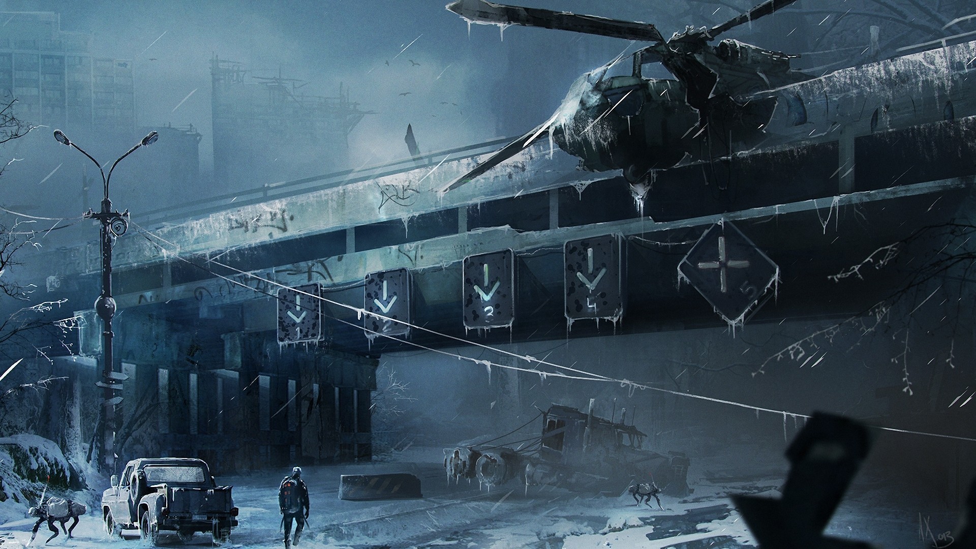General 1920x1080 apocalyptic futuristic ice wreck artwork helicopters winter cold snow ruins vehicle