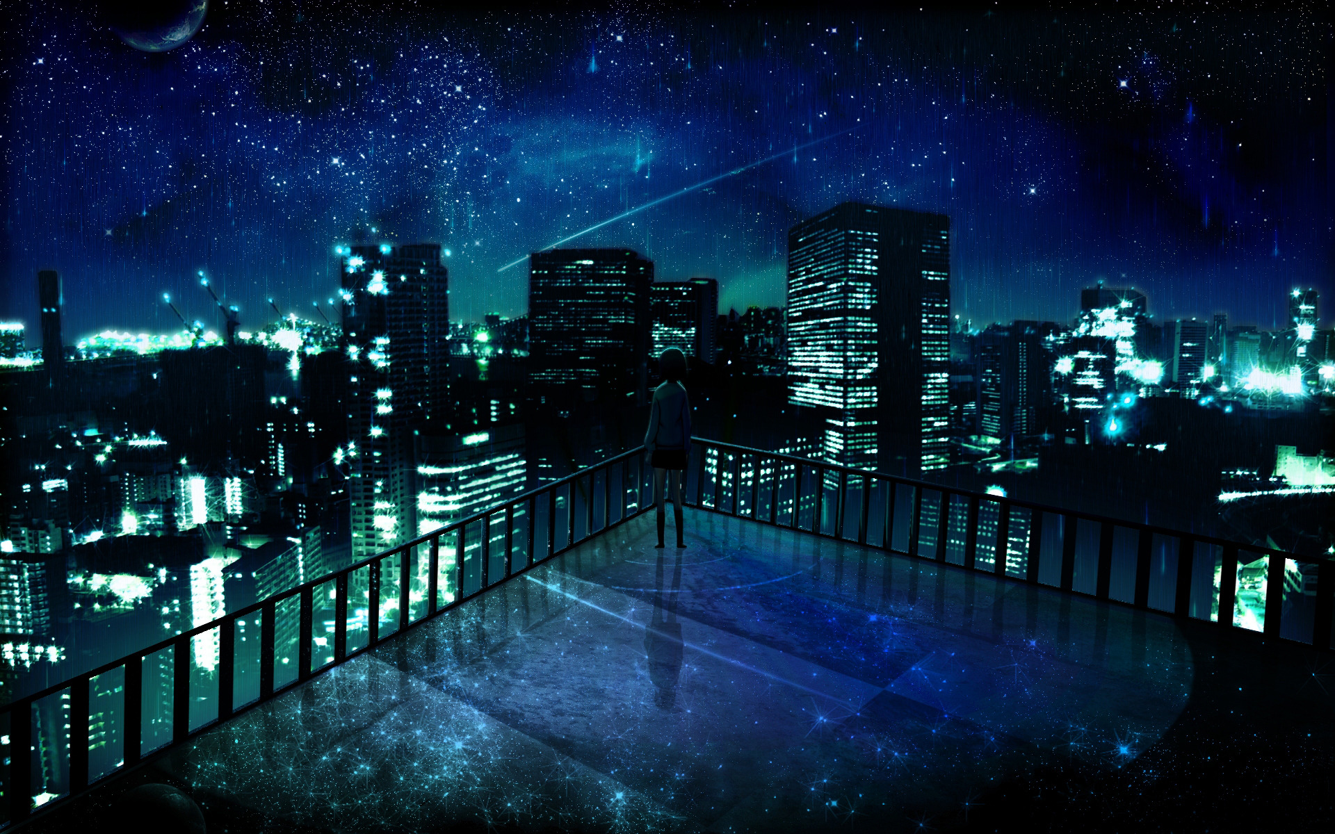 Anime 1920x1200 anime girls blue anime night cityscape skyline sky stars cyan shooting stars
