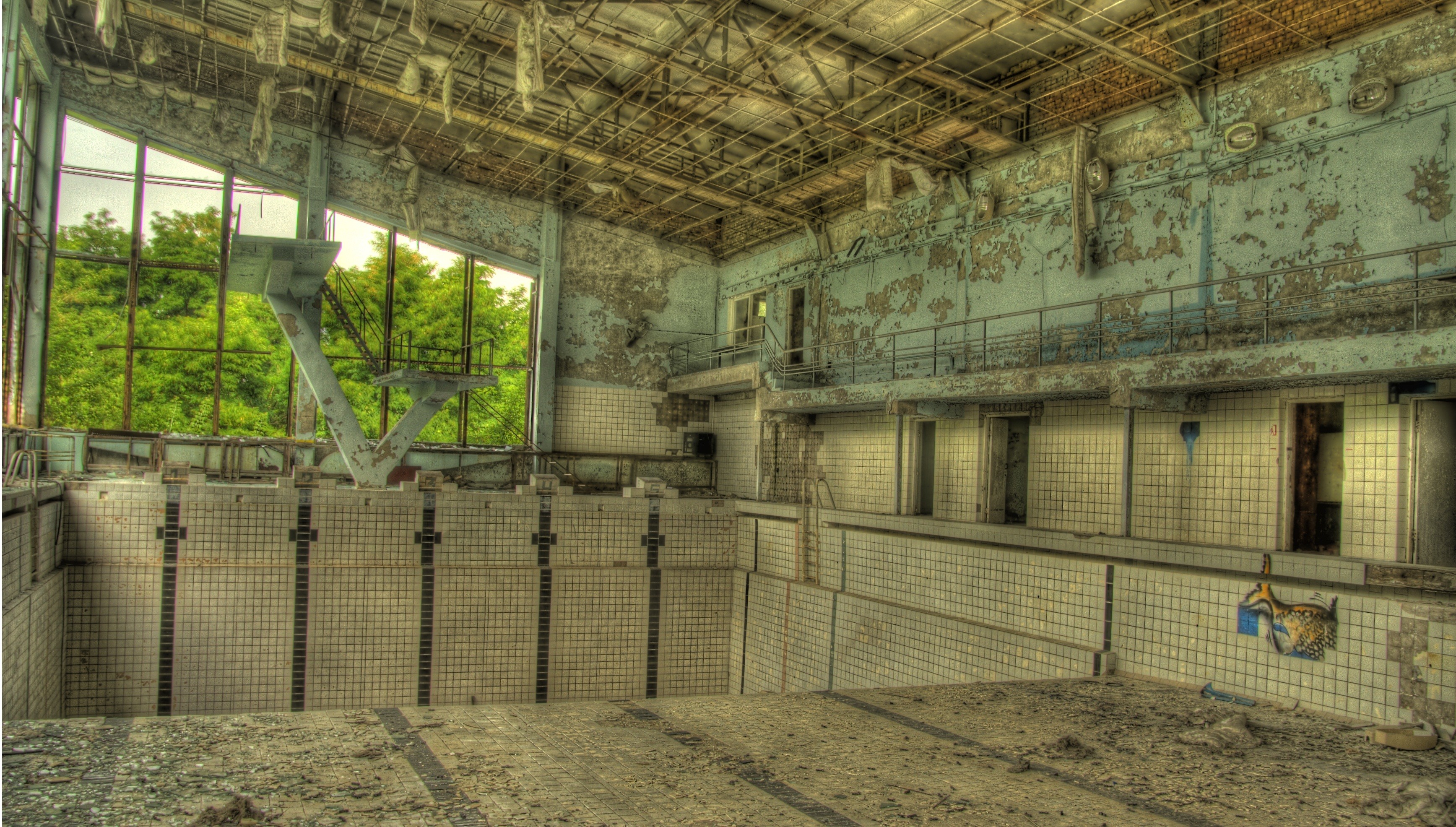 General 3472x1972 Chernobyl ruins swimming pool abandoned building Pripyat Ukraine