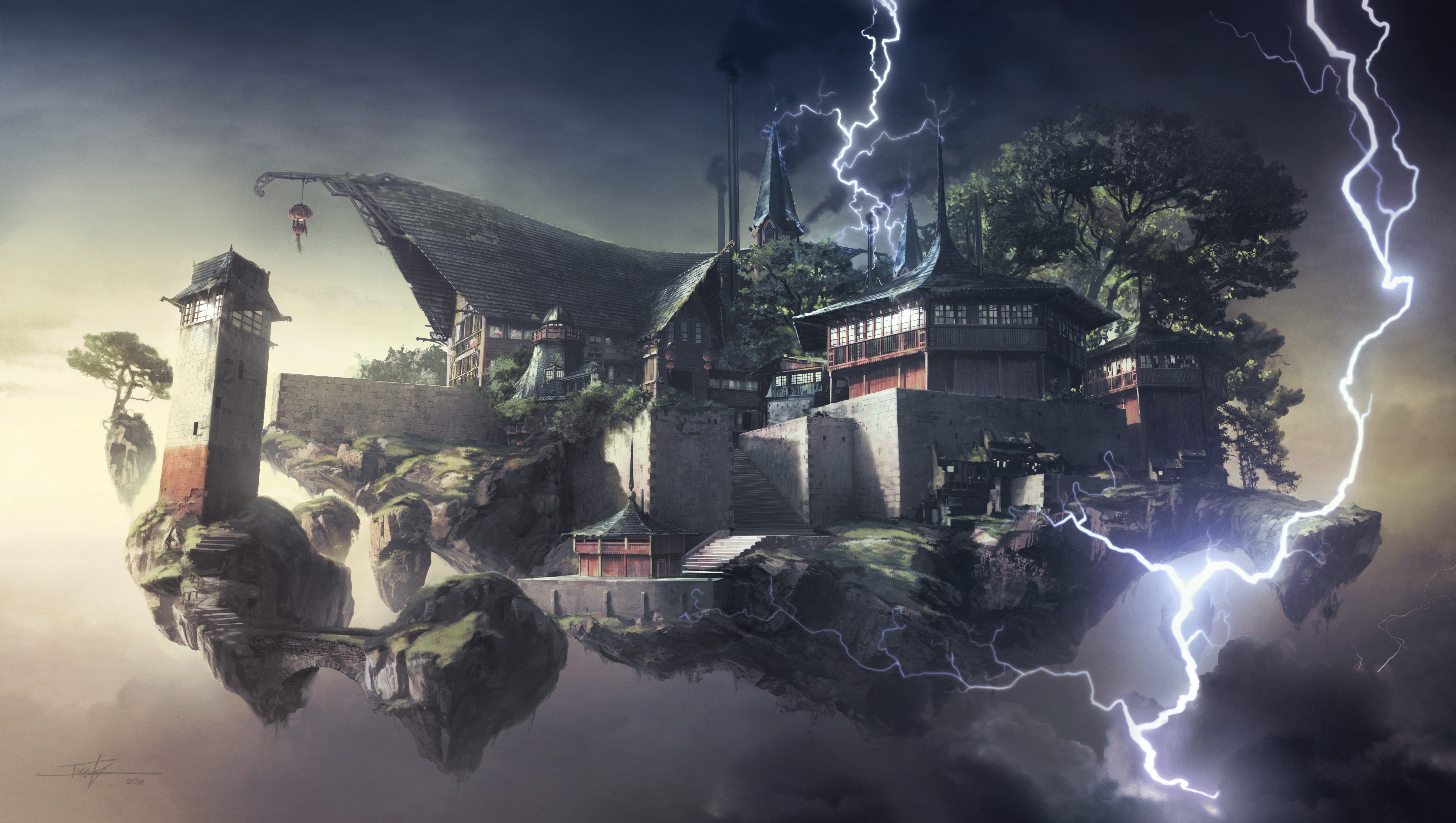 General 6000x3394 fantasy art digital art floating island building lightning storm CGI