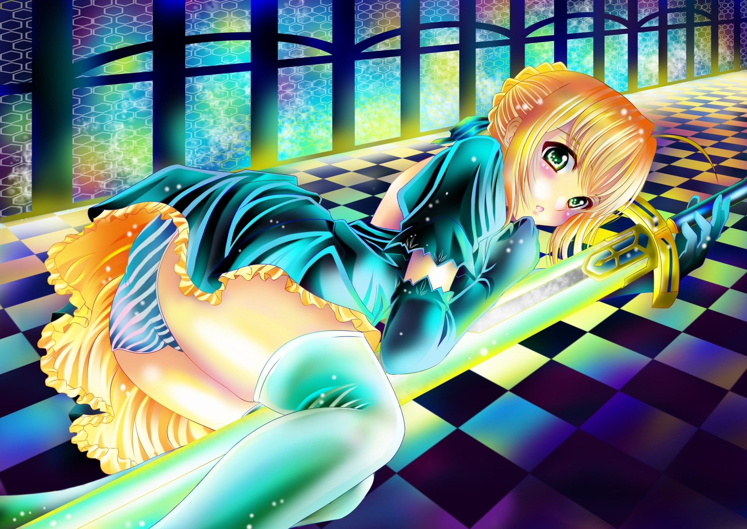Anime 2521x1785 anime girls Saber Fate series anime ass rear view panties striped panties lying down legs together green eyes sword fantasy art fantasy girl women with swords