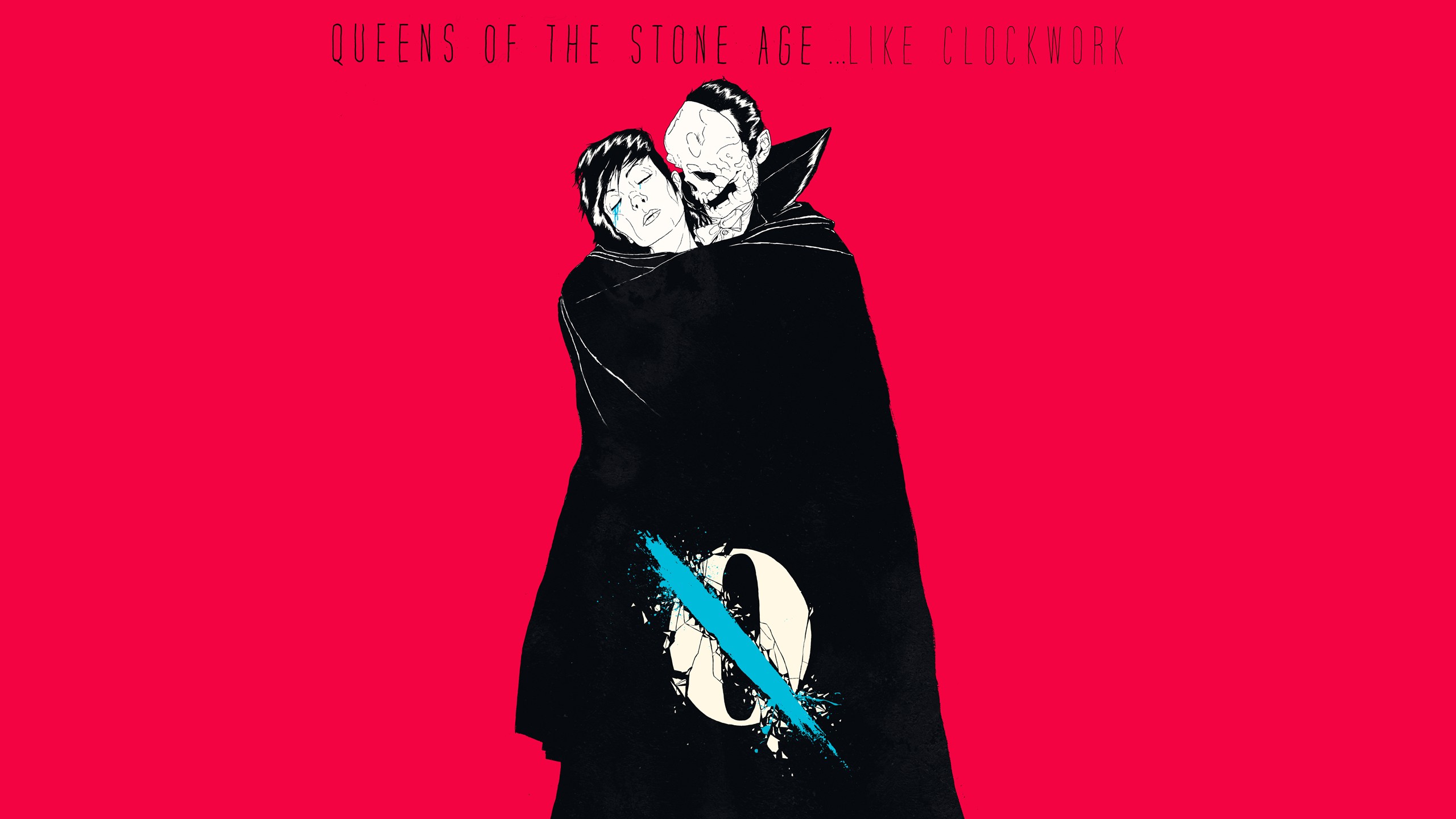 General 2560x1440 Queens of the Stone Age music red background simple background band album covers artwork minimalism closed eyes tears crying mask