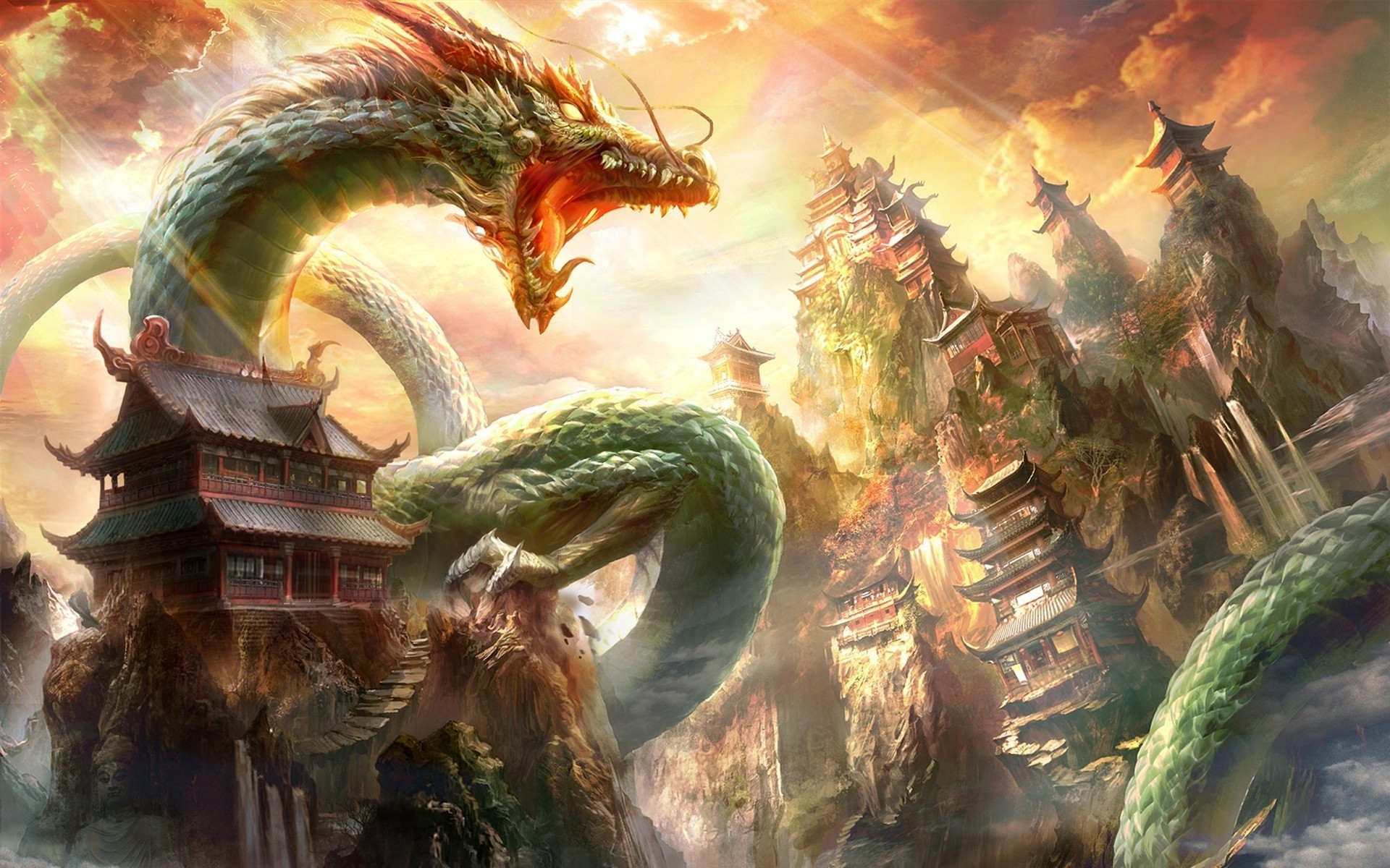 General 1920x1200 fantasy art dragon Chinese architecture Chinese dragon Asia Chinese artwork