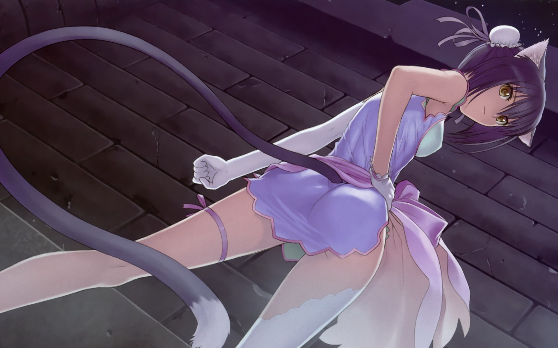 Anime 1920x1200 cat girl anime anime girls tail legs ass rear view yellow eyes animal ears standing looking at viewer Chinese clothing Shining Heart Tony Taka purple hair