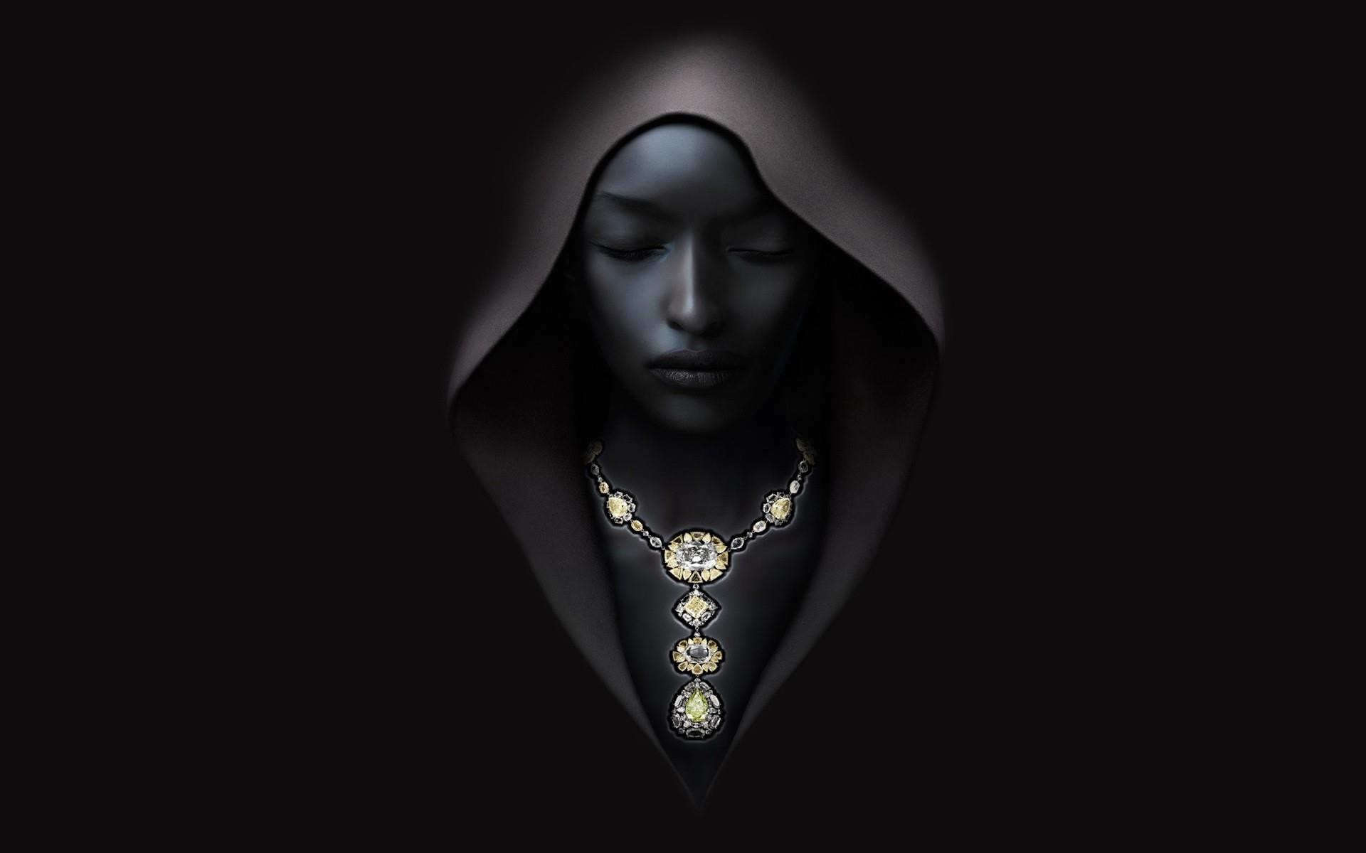 General 1920x1200 women portrait dark face hoods closed eyes necklace artwork simple background black background