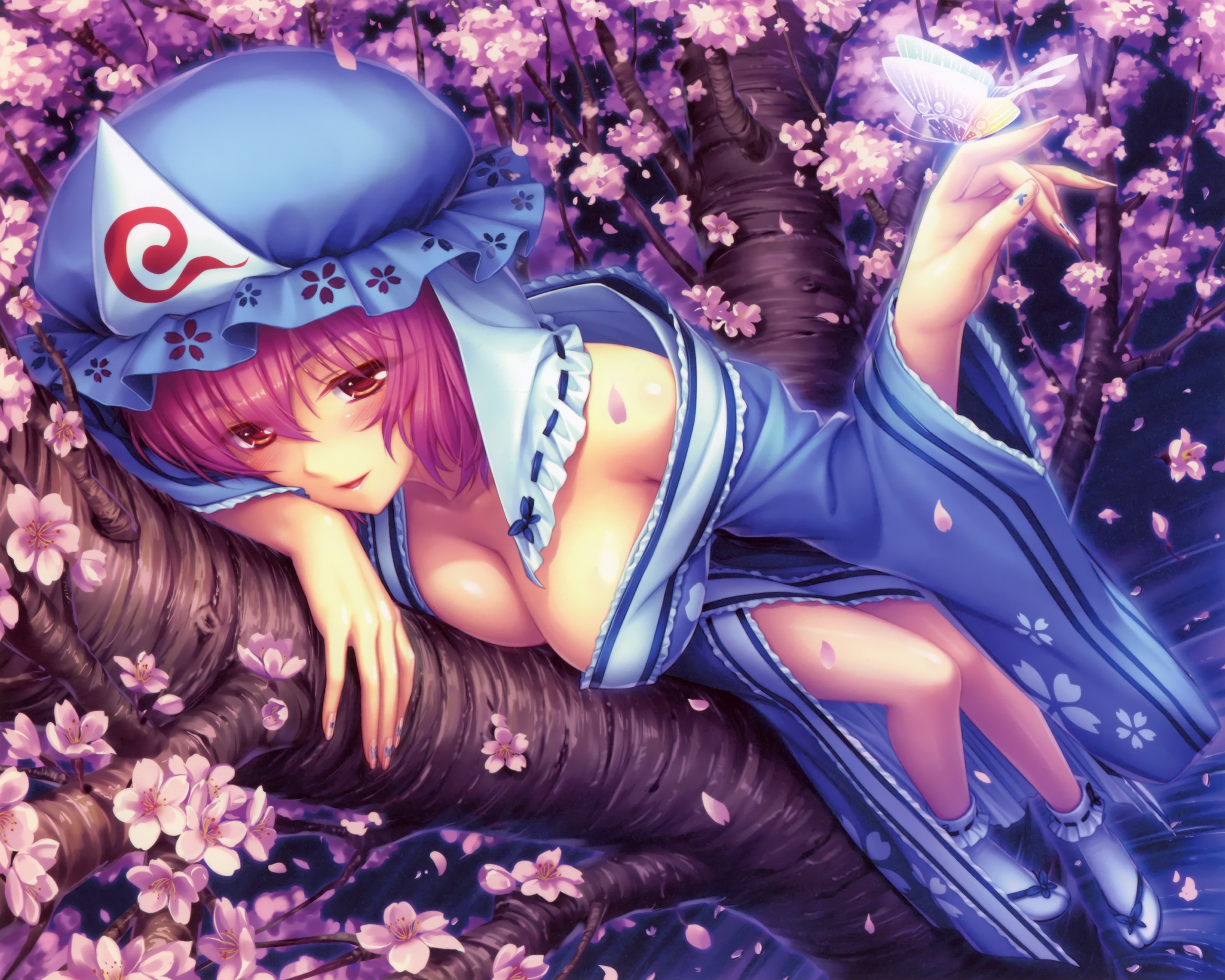 Anime 2802x2242 Touhou video games anime girls bangs Sayori Saigyouji Yuyuko hat red eyes pink hair cleavage kimono dress blue dress Japanese clothes socks painted nails petals trees lying on front butterfly cherry blossom sandals boobs Pixiv fantasy art fantasy girl women anime women with hats