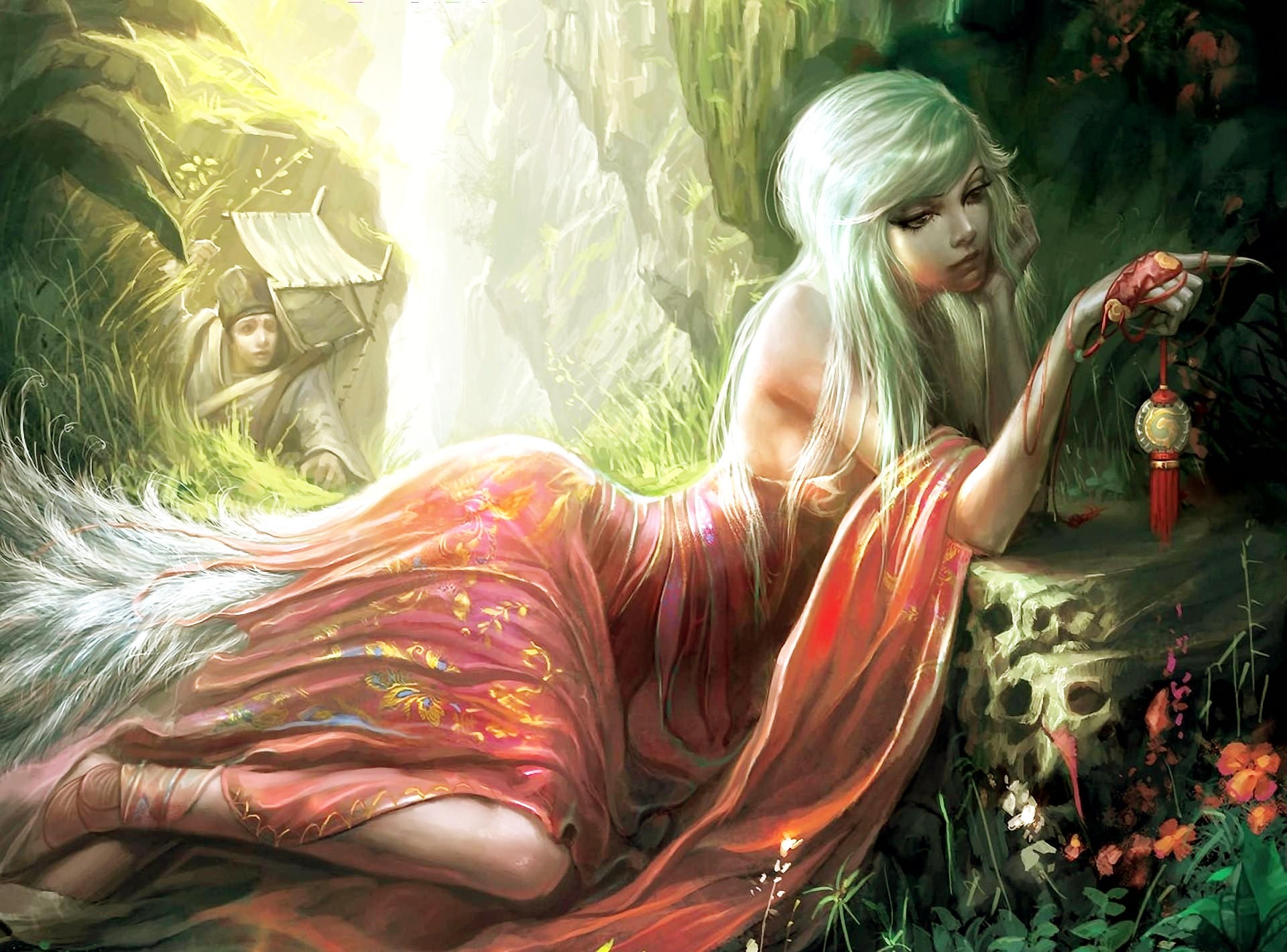 General 1920x1420 digital art fantasy art fantasy girl women dress long hair lying down red dress