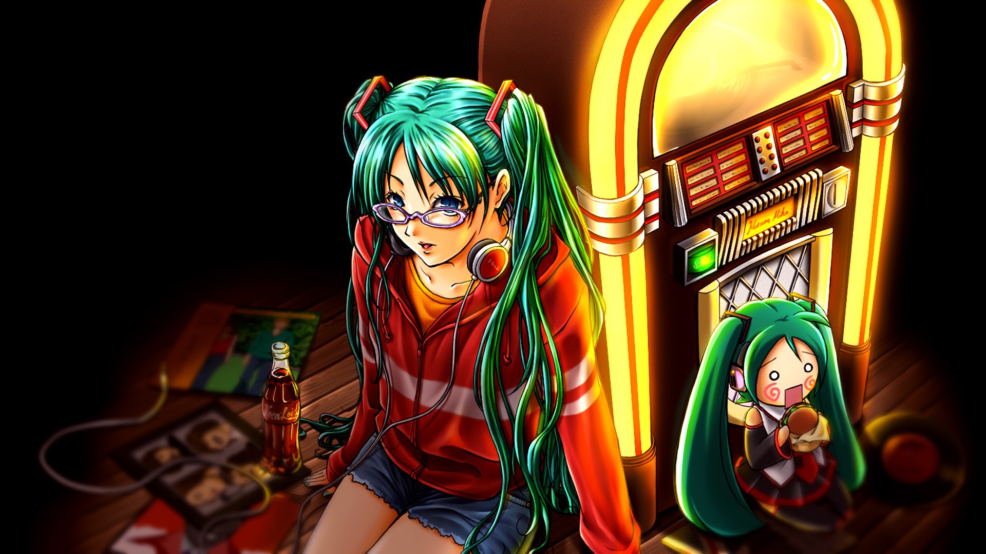 Anime 1920x1080 Vocaloid anime girls Hatsune Miku bangs green hair headphones Jukebox women with glasses glasses long hair short shorts blue eyes looking at viewer black background simple background