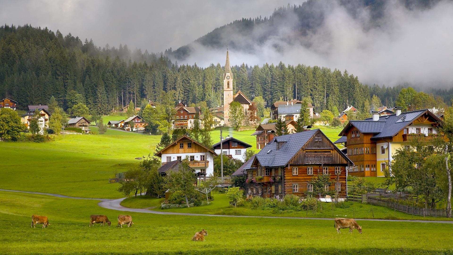 General 1920x1080 village architecture building Austria wood house church nature trees forest mist road animals cow grass idyllic