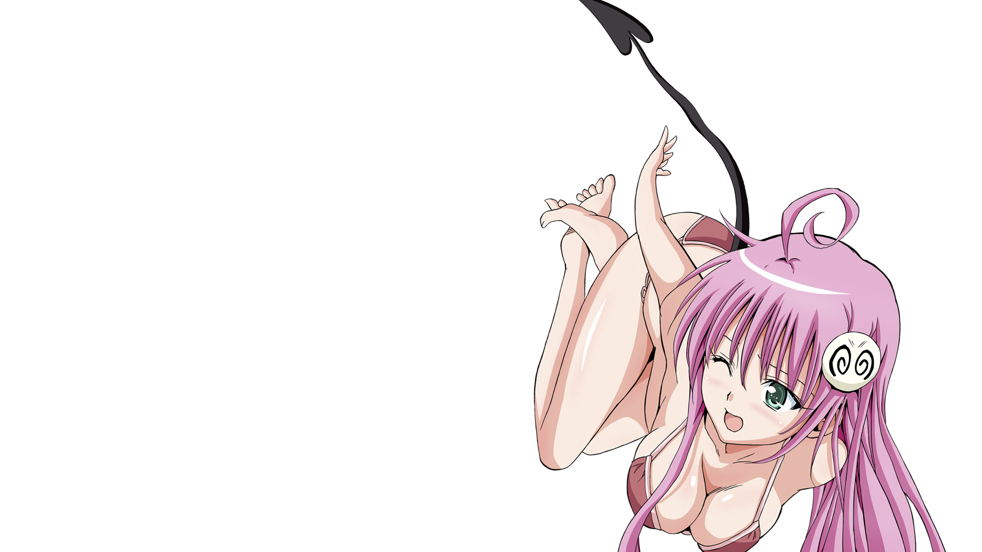 Anime 1920x1080 anime girls To Love-ru Lala Satalin Deviluke simple background white background one eye closed green eyes pink hair long hair boobs cleavage anime tail