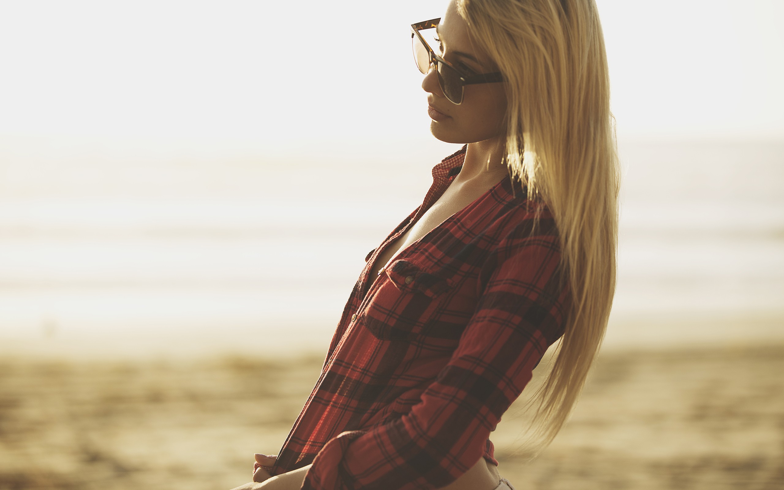 People 2560x1600 blonde women outdoors plaid shirt open shirt women with shades long hair Emma May women model outdoors