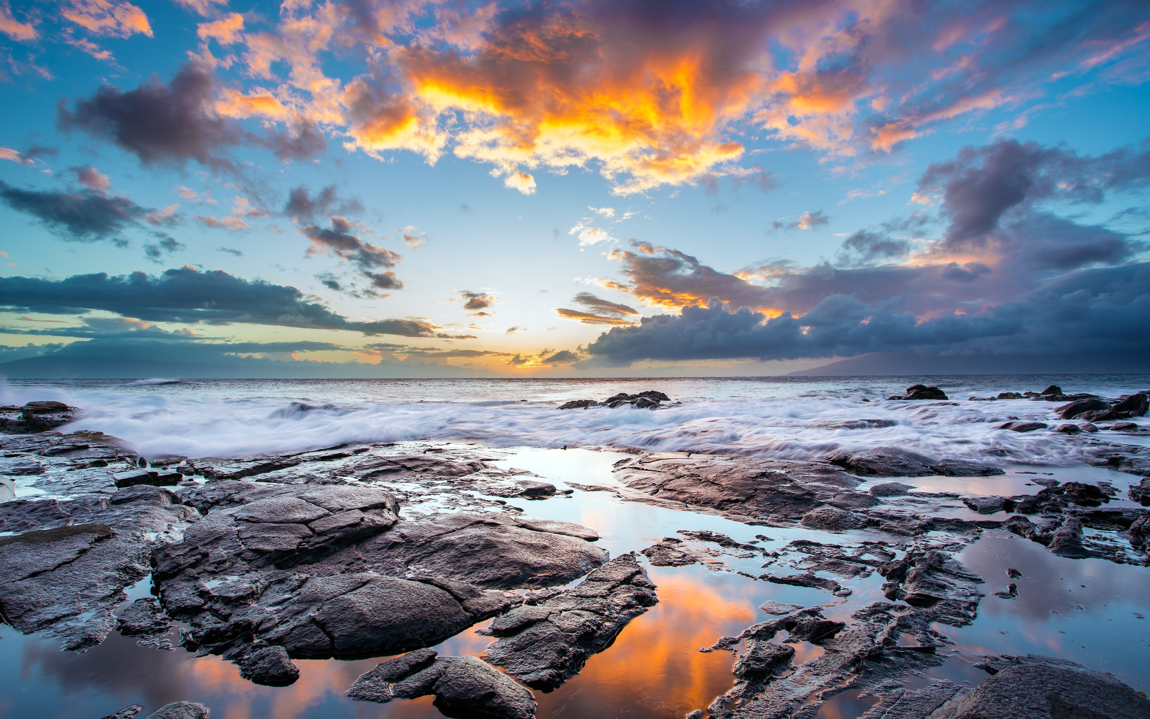 General 3840x2400 clouds coast Hawaii rocks reflection nature landscape HDR sea USA
