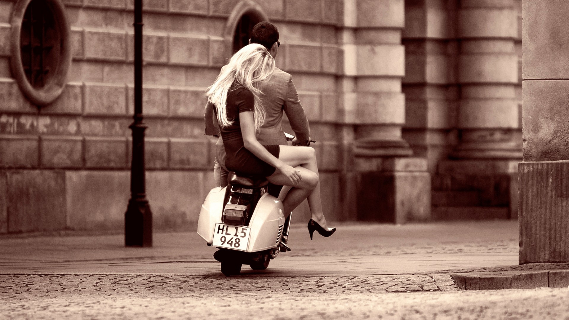 People 1920x1080 blonde sepia couple women men urban vehicle scooters heels legs crossed city long hair model