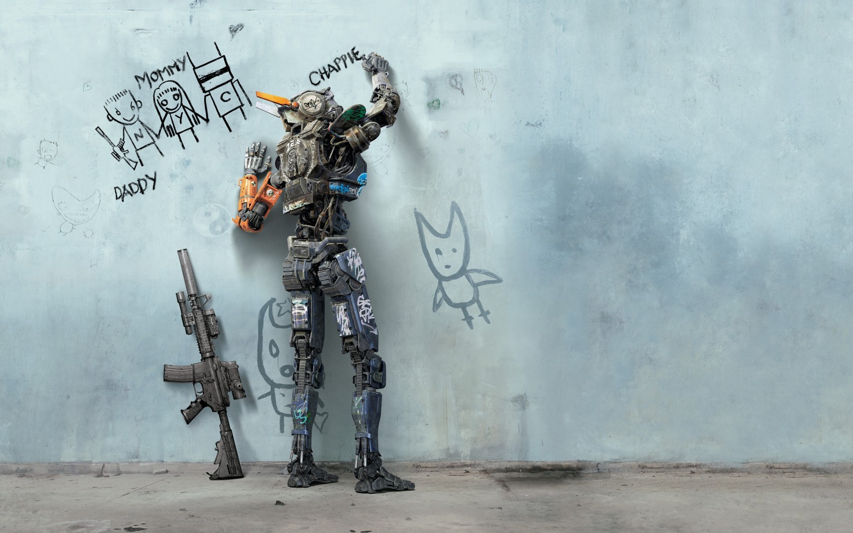 General 1680x1050 movies robot weapon wall Chappie
