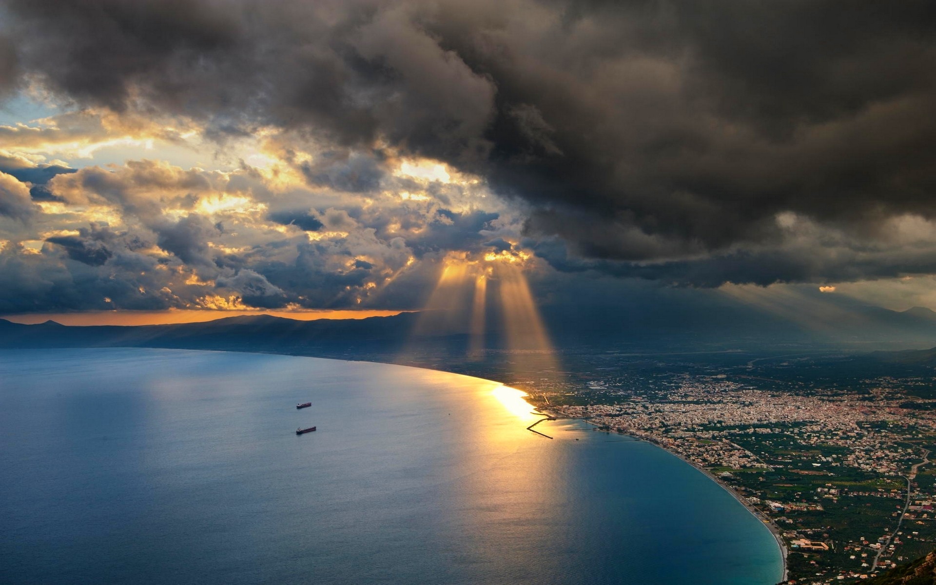 General 1920x1200 nature landscape sunset sun rays cityscape sea clouds bay sky water mountains