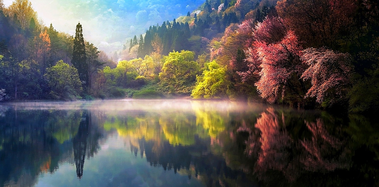 General 1553x768 nature spring mist lake trees reflection forest landscape hills water colorful South Korea Asia