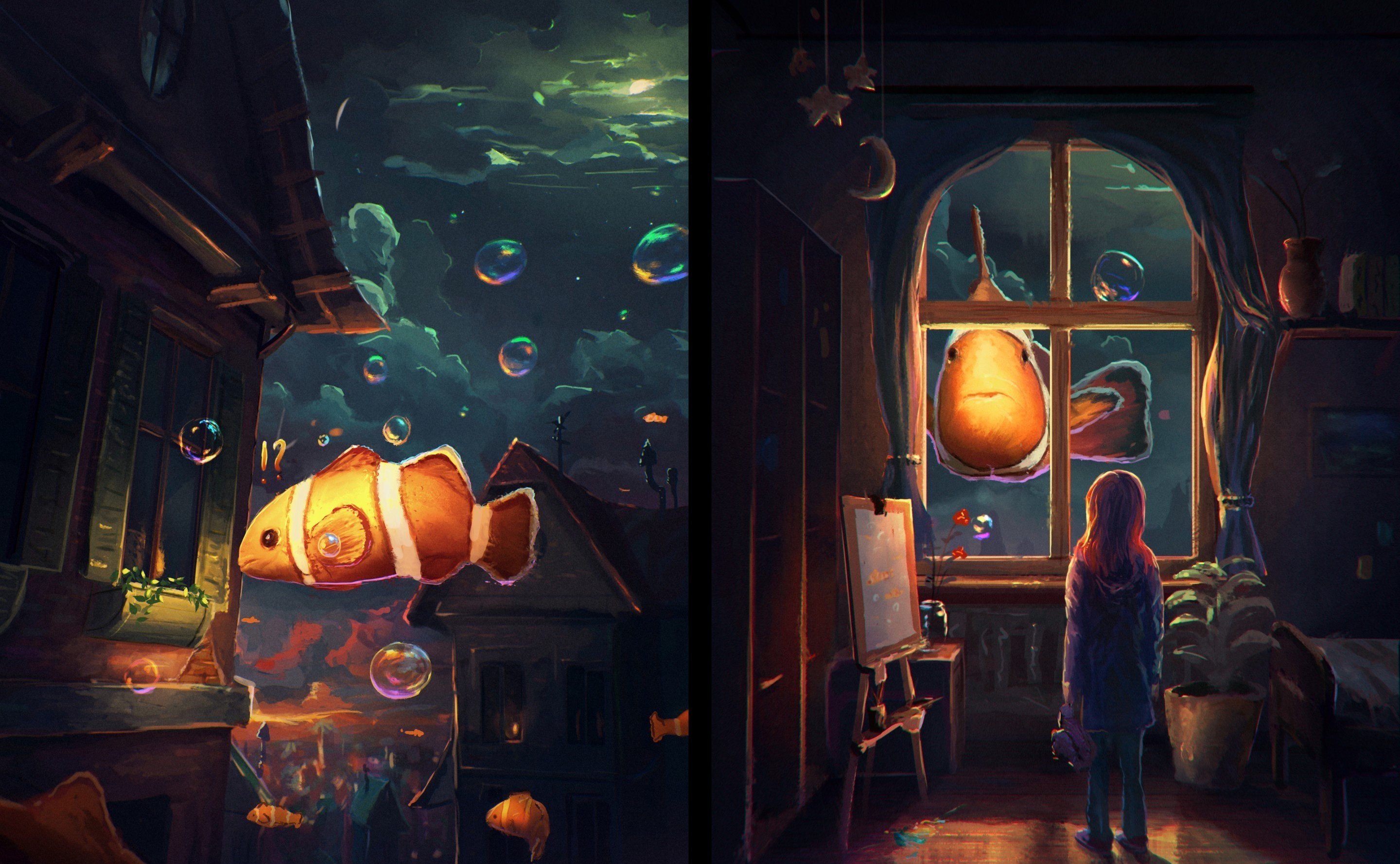 General 2880x1778 fantasy art artwork clownfish fish window bubbles night Sylar113