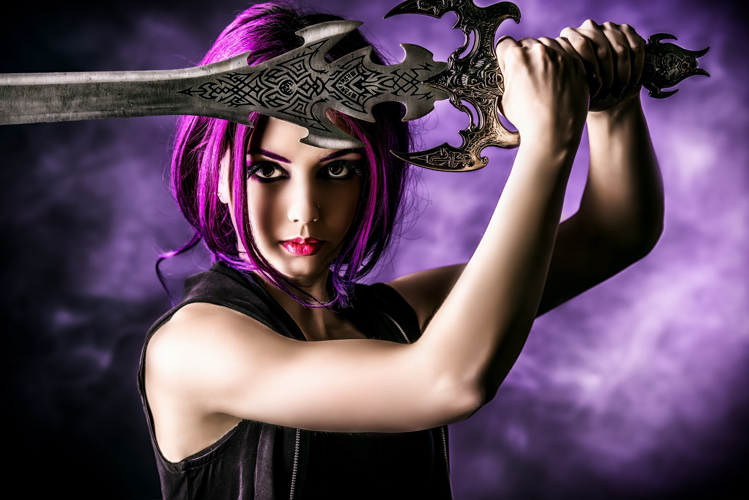 General 2500x1669 fantasy art sword artwork women purple hair makeup looking at viewer weapon women with swords digital art