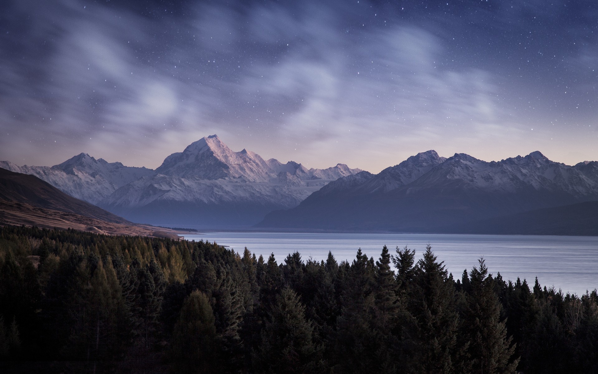 General 1920x1200 nature trees forest landscape mountains evening water lake snow snowy peak stars clouds pine trees hills long exposure