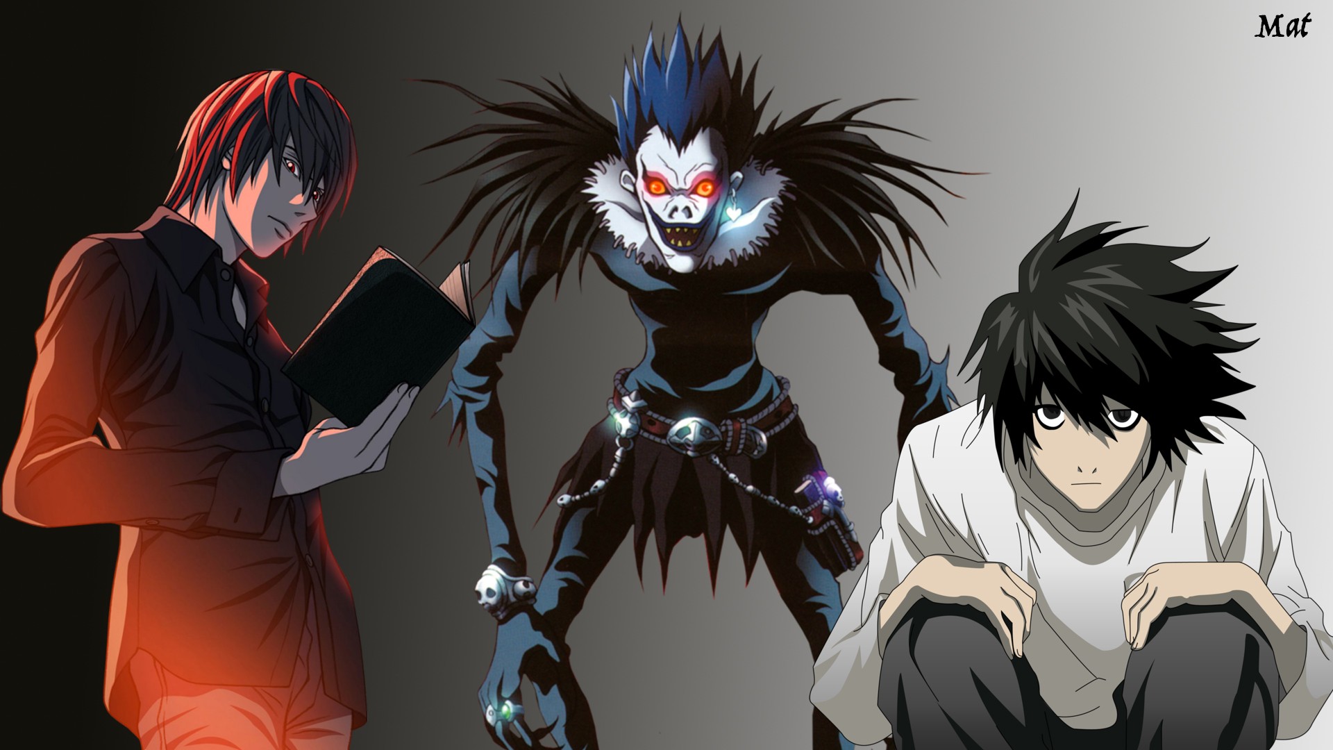 Anime 1920x1080 Ryuk Yagami Light Death Note grin glowing eyes anime anime boys simple background gradient books looking at viewer
