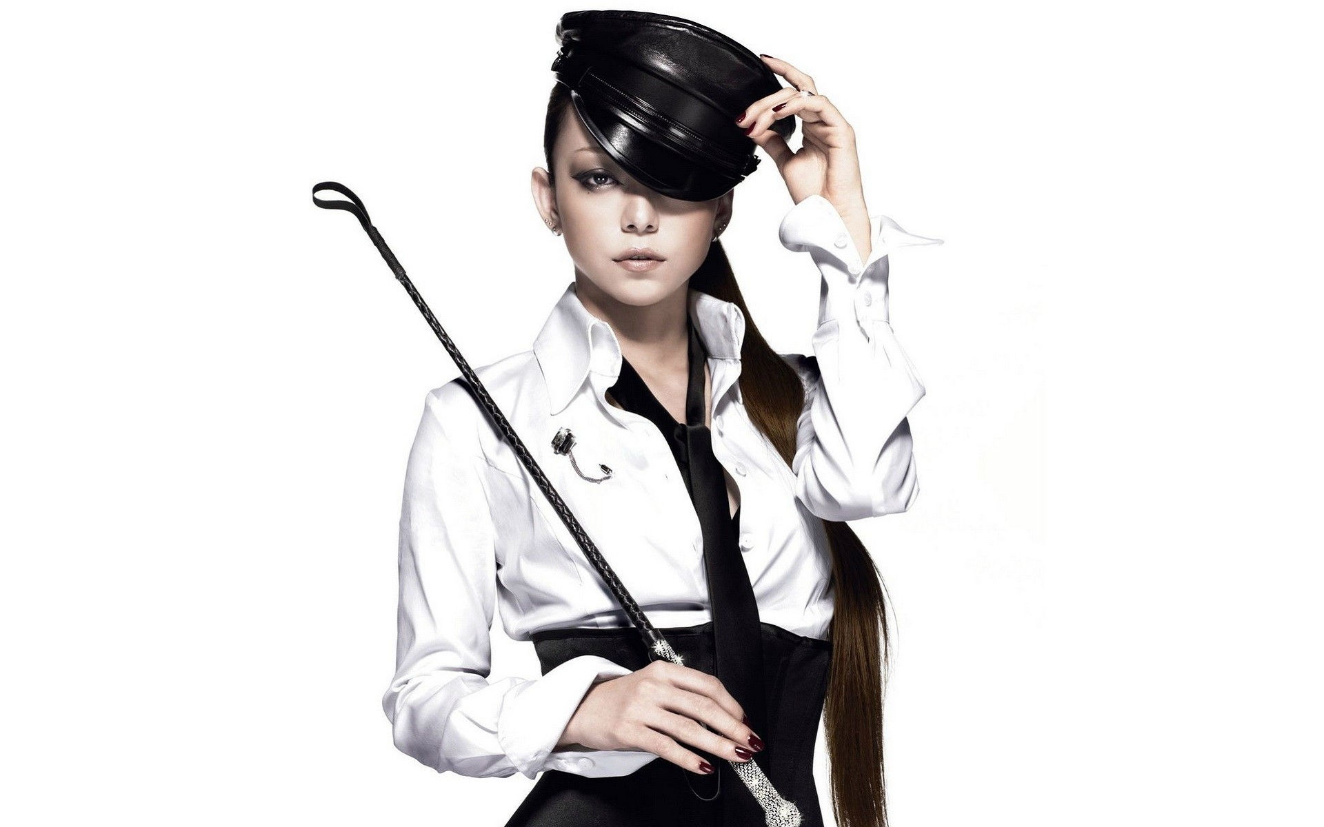People 1920x1200 Namie Amuro women Asian singer brunette studio hat women with hats women indoors makeup whips simple background white background looking at viewer tie model
