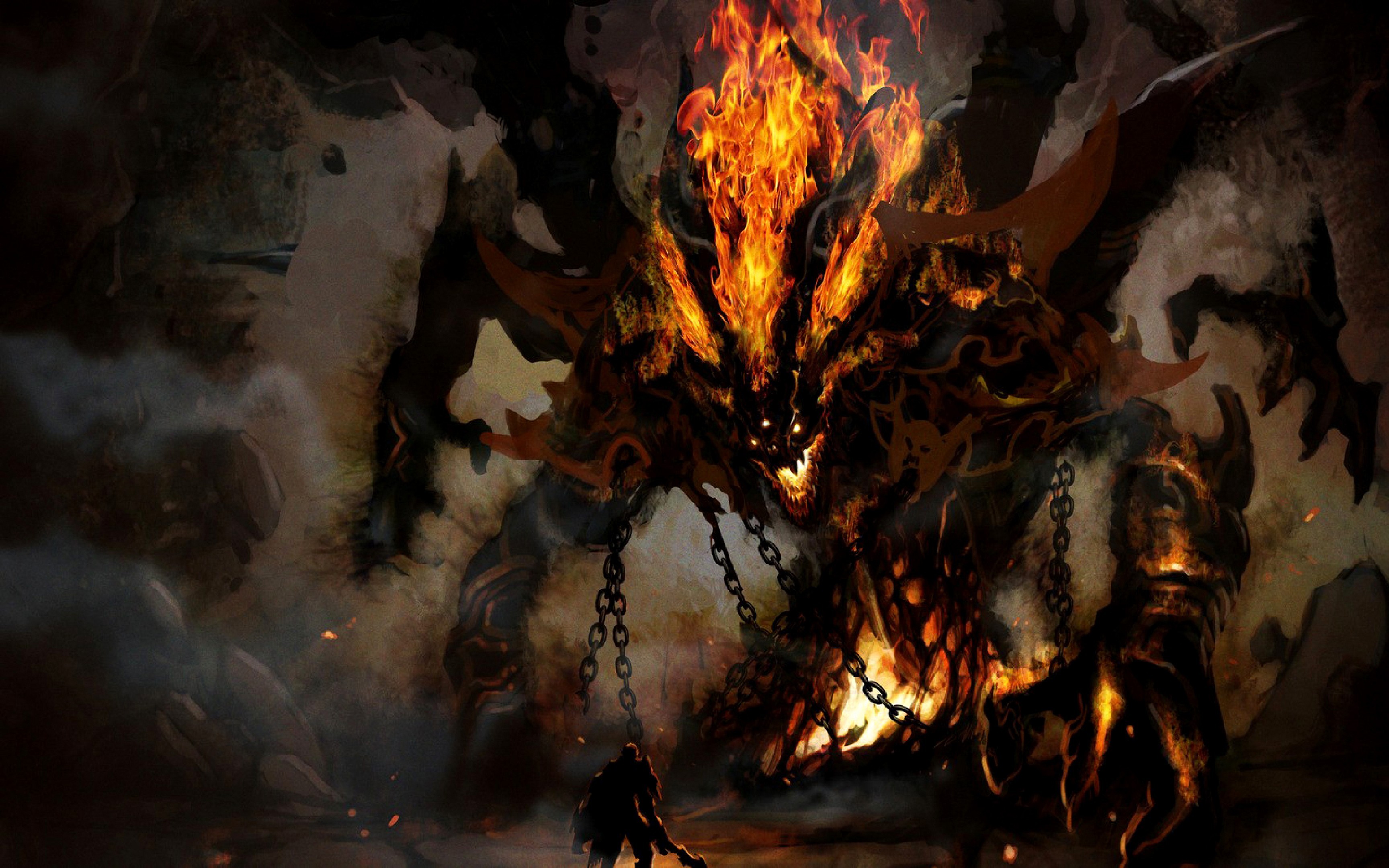 General 3456x2160 creature Balrog fire chains fantasy art artwork glowing eyes