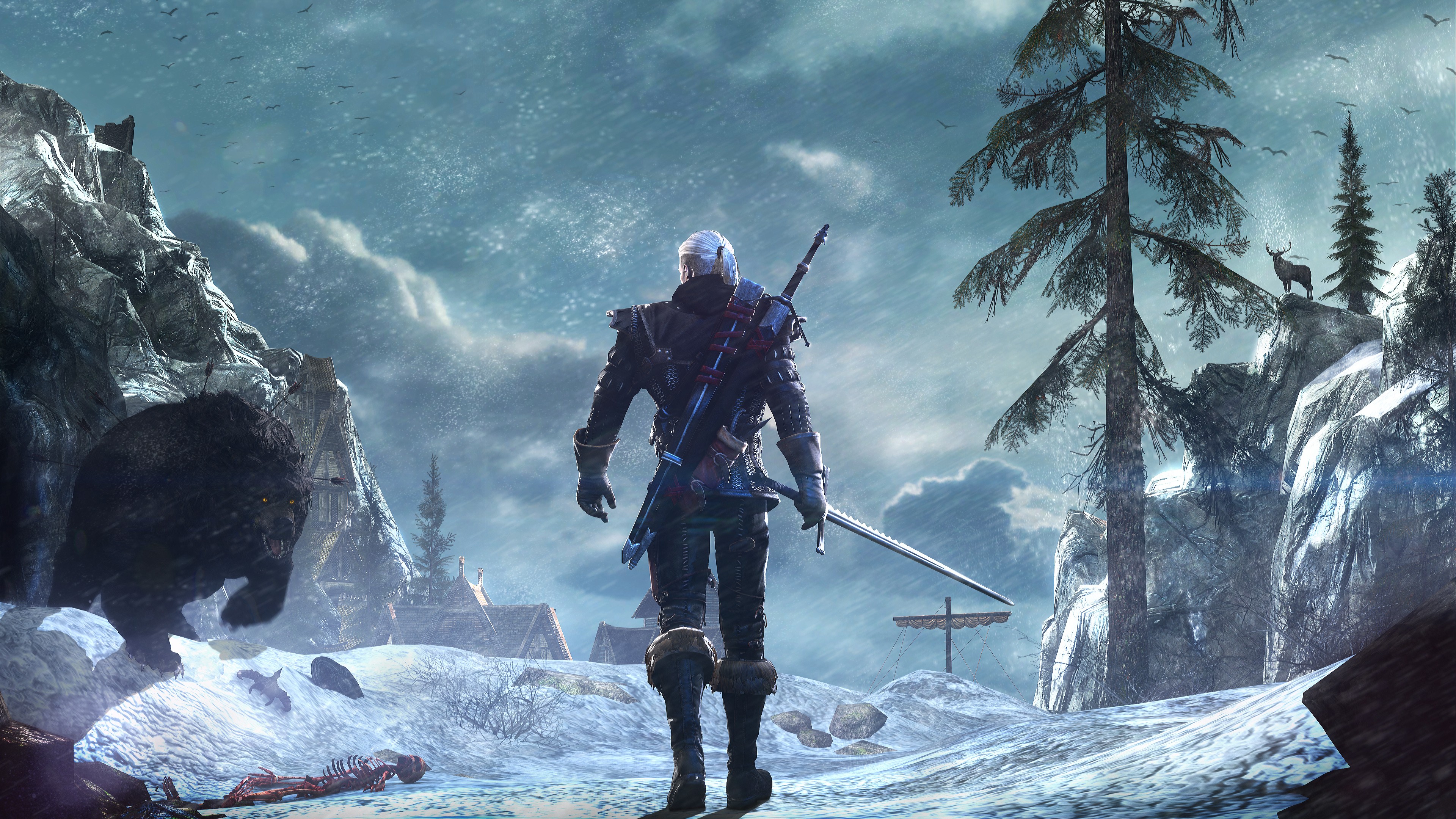 General 3840x2160 The Witcher 3: Wild Hunt Geralt of Rivia looking into the distance RPG video games PC gaming video game men sword bears glowing eyes creature