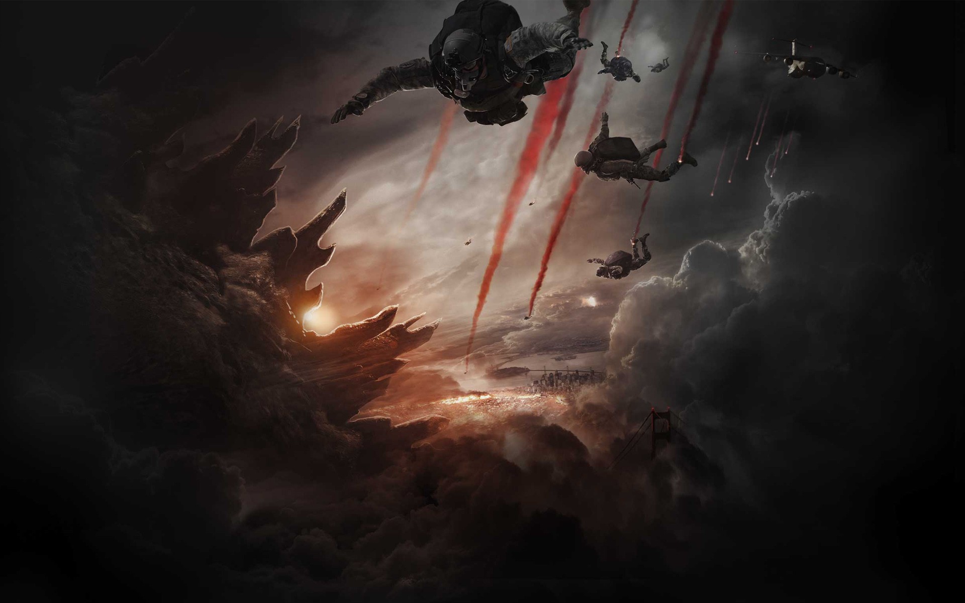 General 1920x1200 Godzilla movies skydiving dark digital art