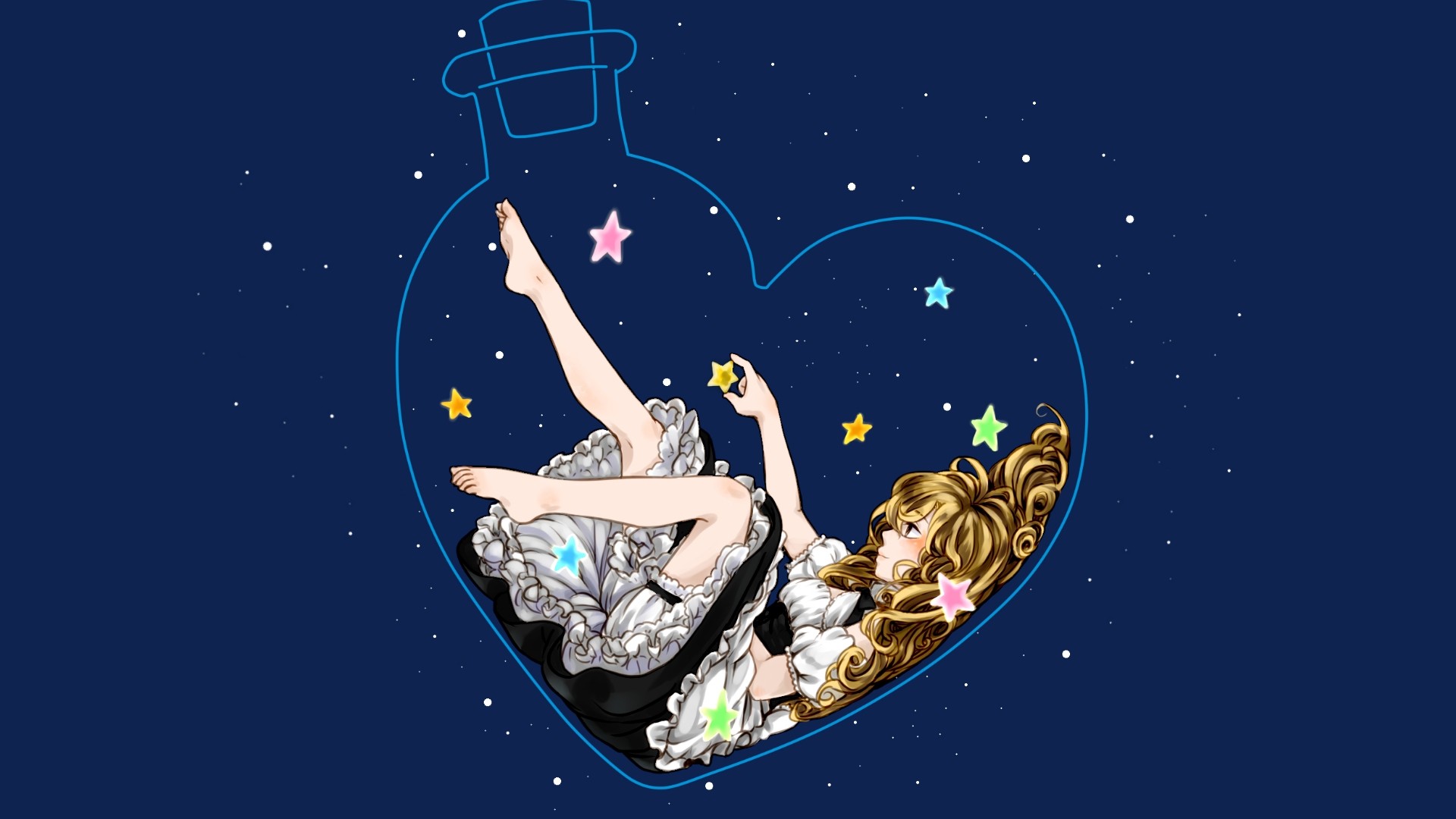 Anime 1920x1080 Kirisame Marisa Touhou barefoot feet legs stars Dreamworld bottles blonde anime anime girls sky dress fantasy art fantasy girl