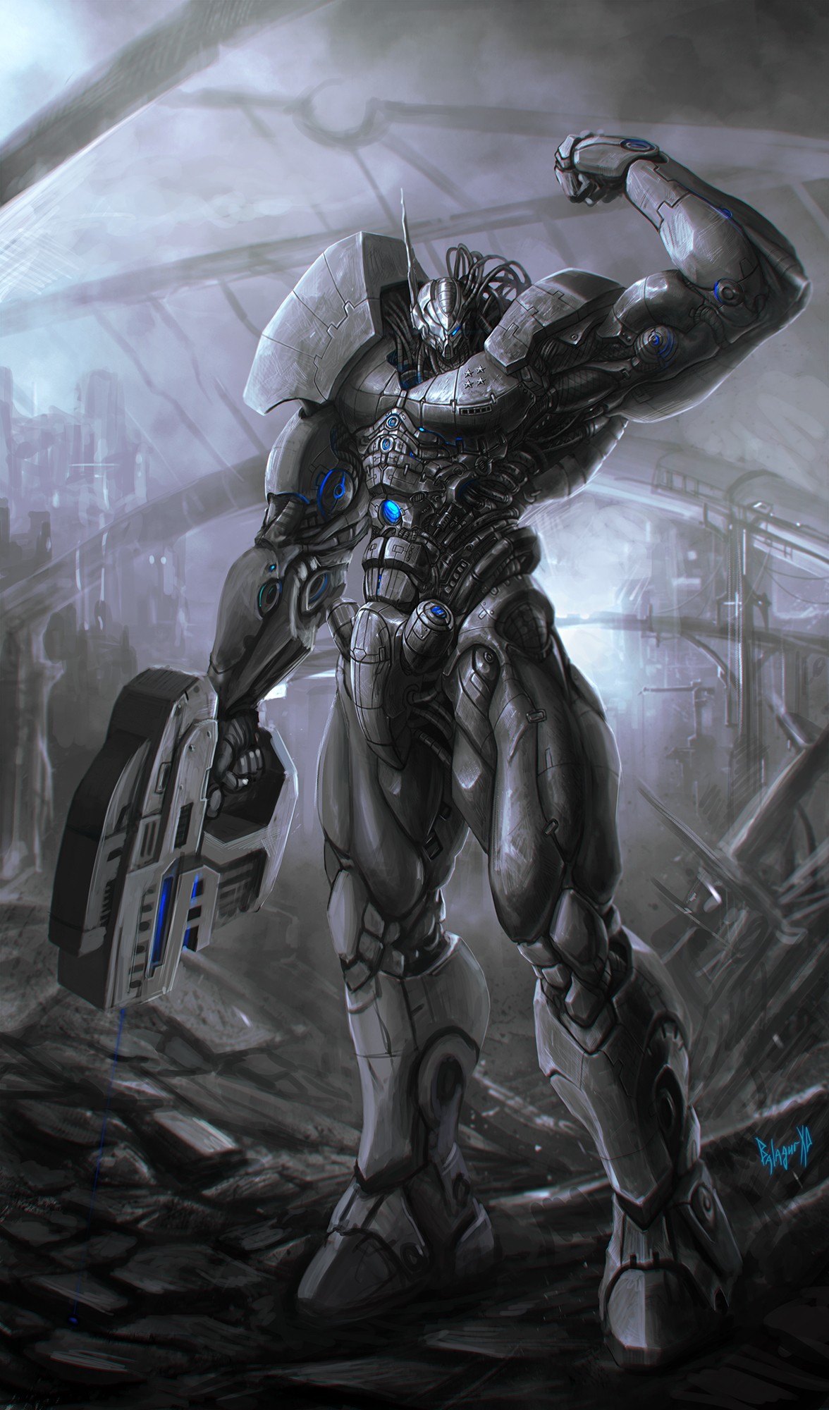 General 1176x2000 futuristic armor science fiction arms up weapon artwork