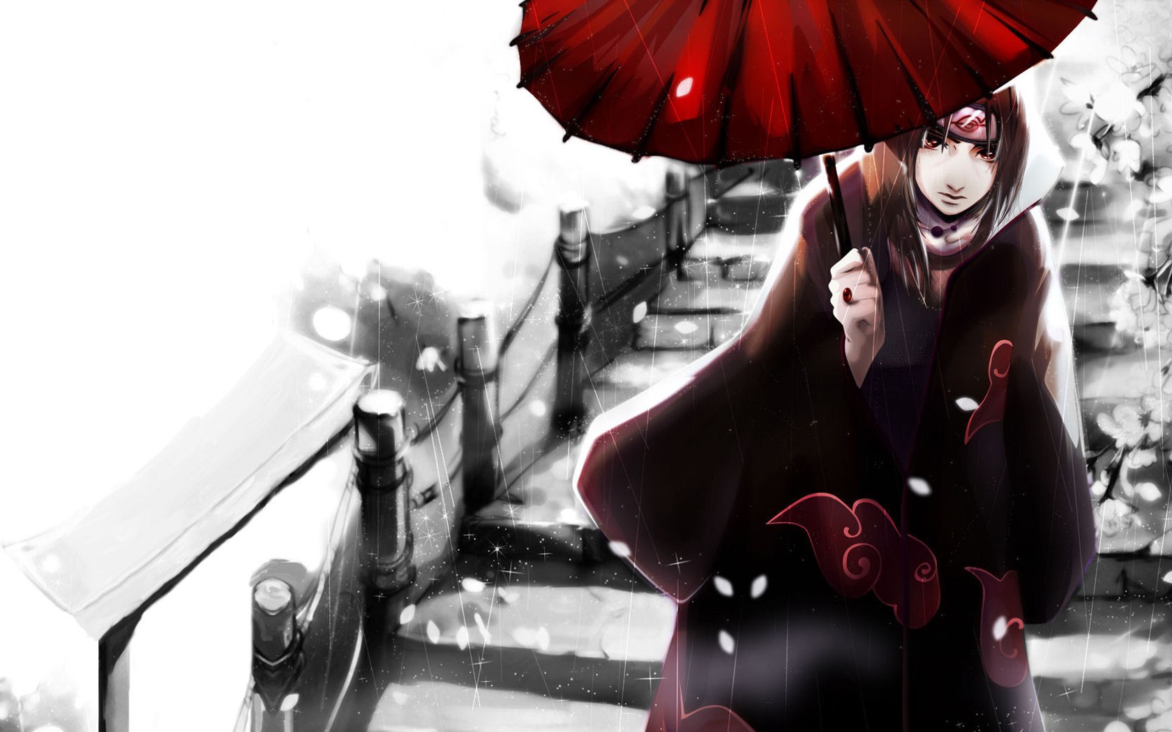 Anime 1680x1050 Uchiha Itachi Akatsuki umbrella snow stairs anime Naruto (anime)