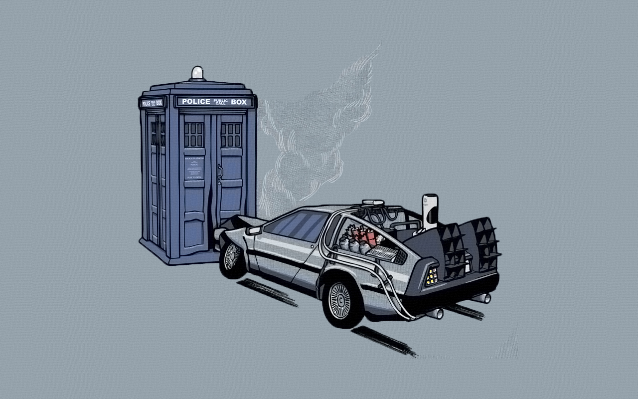 General 1280x800 Back to the Future DeLorean Doctor Who crossover TV series movies humor car vehicle simple background TARDIS science fiction artwork Time Machine crash