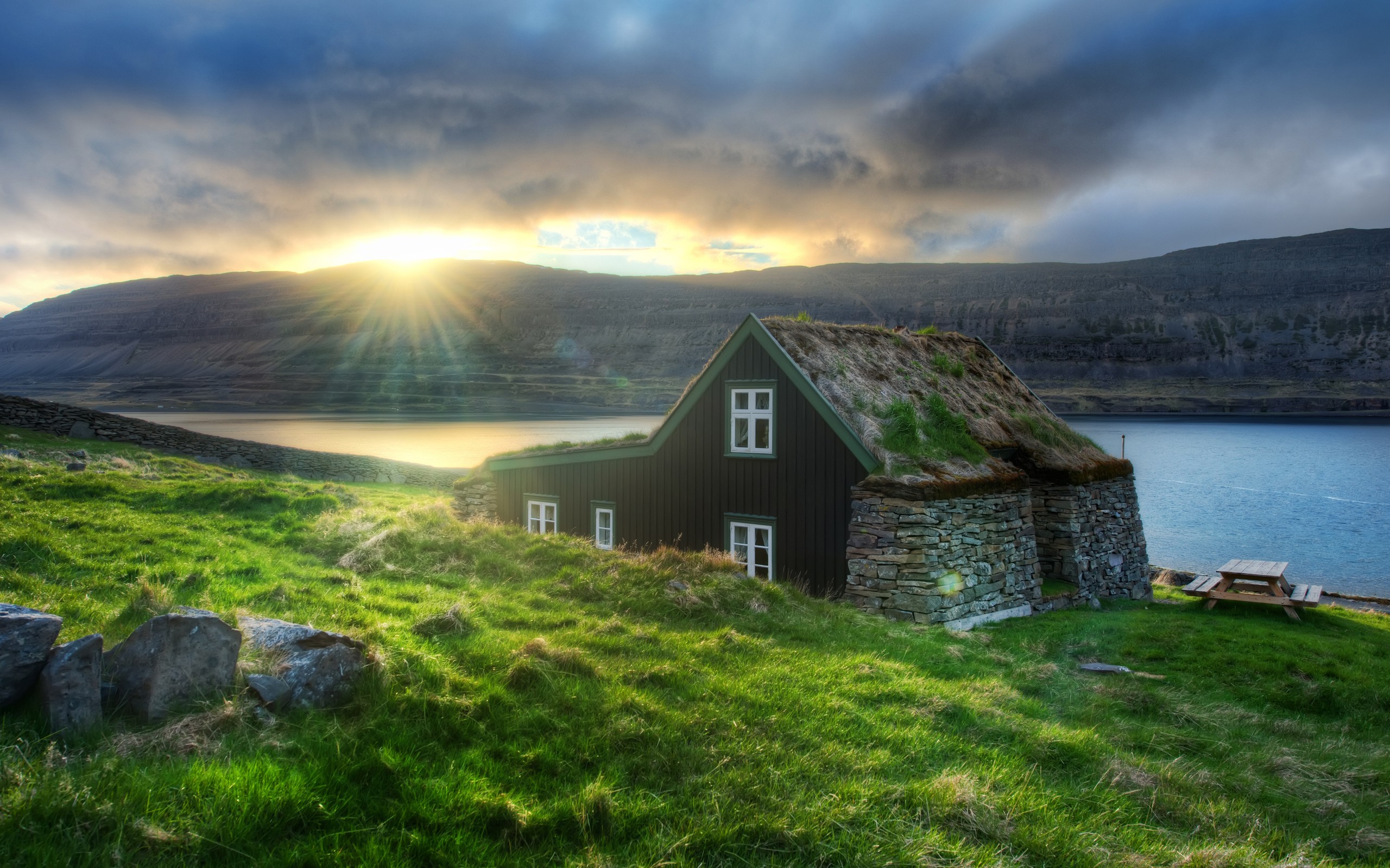 General 2560x1600 nature landscape sunset river HDR sunlight house Iceland cottage sun rays outdoors