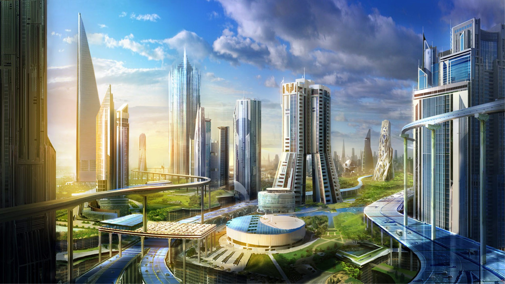 General 1920x1080 futuristic architecture landscape city science fiction cityscape futuristic city digital art CGI sunlight artwork