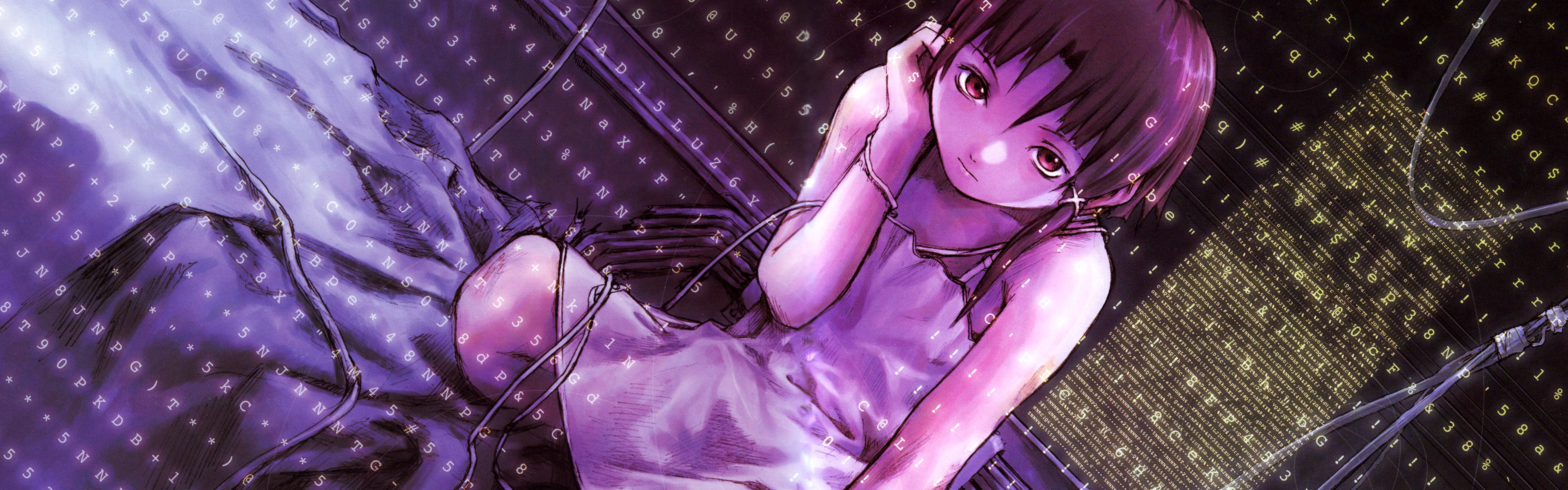 Anime 3840x1200 anime girls anime Serial Experiments Lain looking at viewer Lain Iwakura