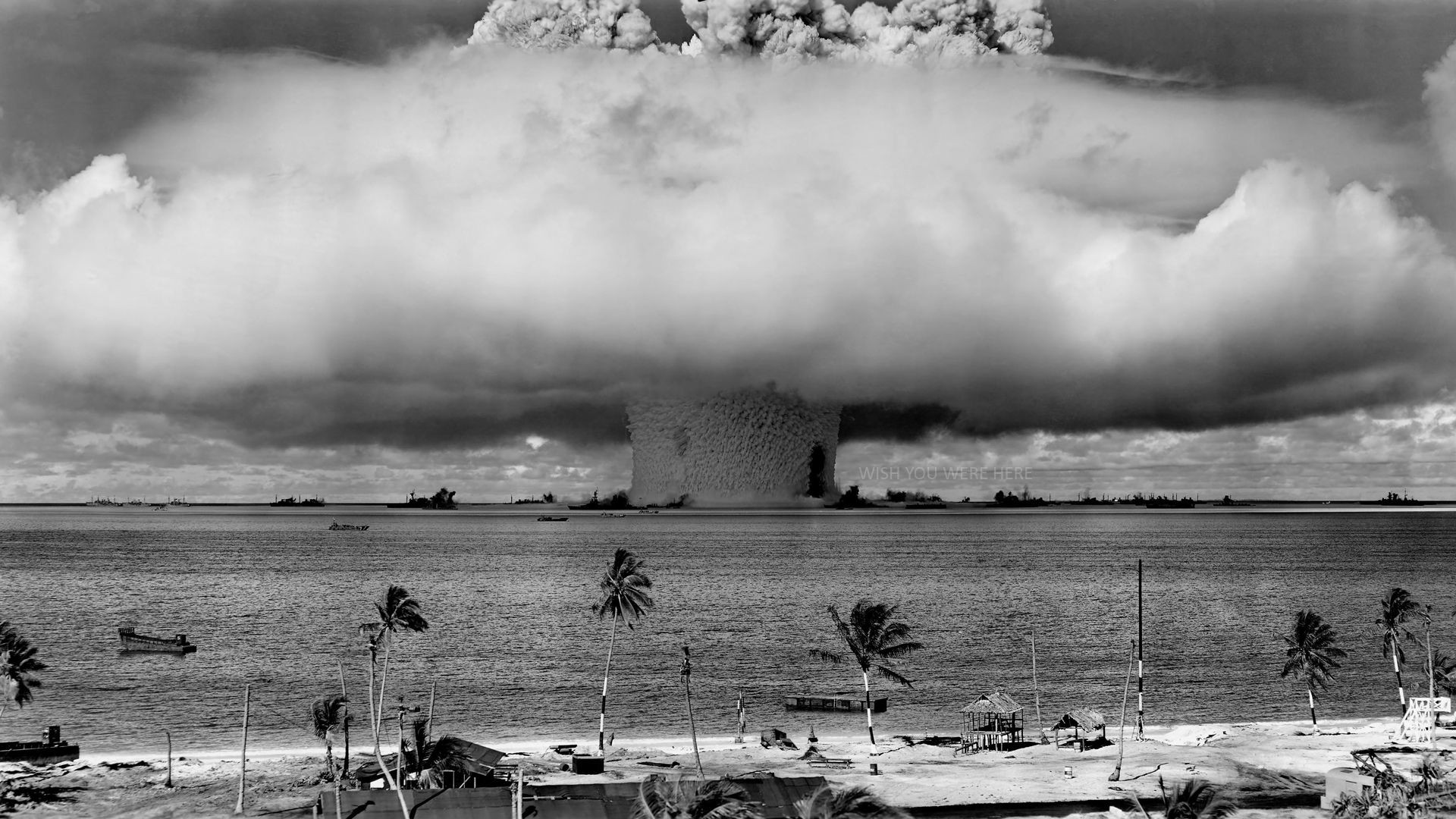 General 1920x1080 nuclear bombs beach sea atomic bomb photography explosion mushroom clouds monochrome Bikini Atoll Pacific Ocean