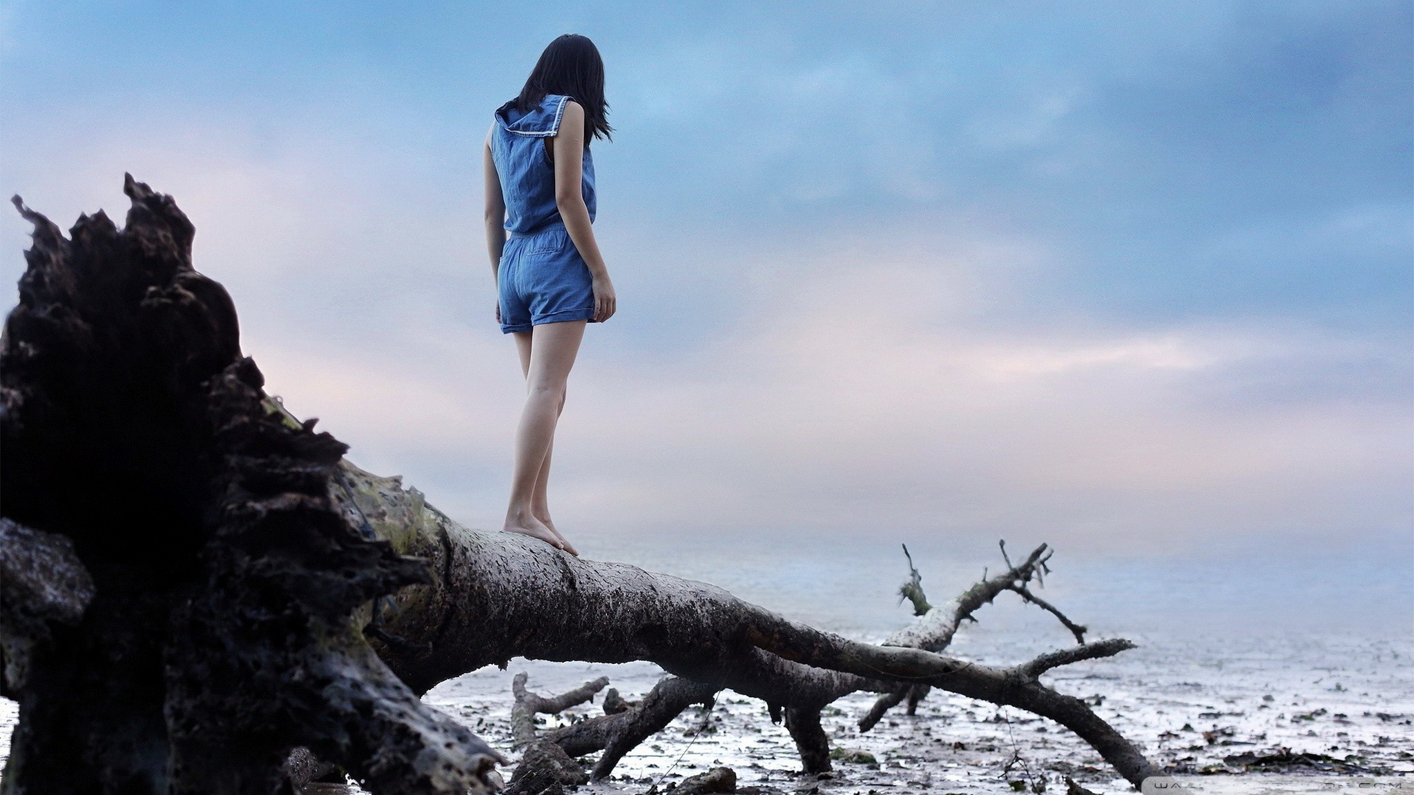 People 2048x1152 blue dress women trees women outdoors sea nature model standing wood dead trees barefoot outdoors sky dark hair