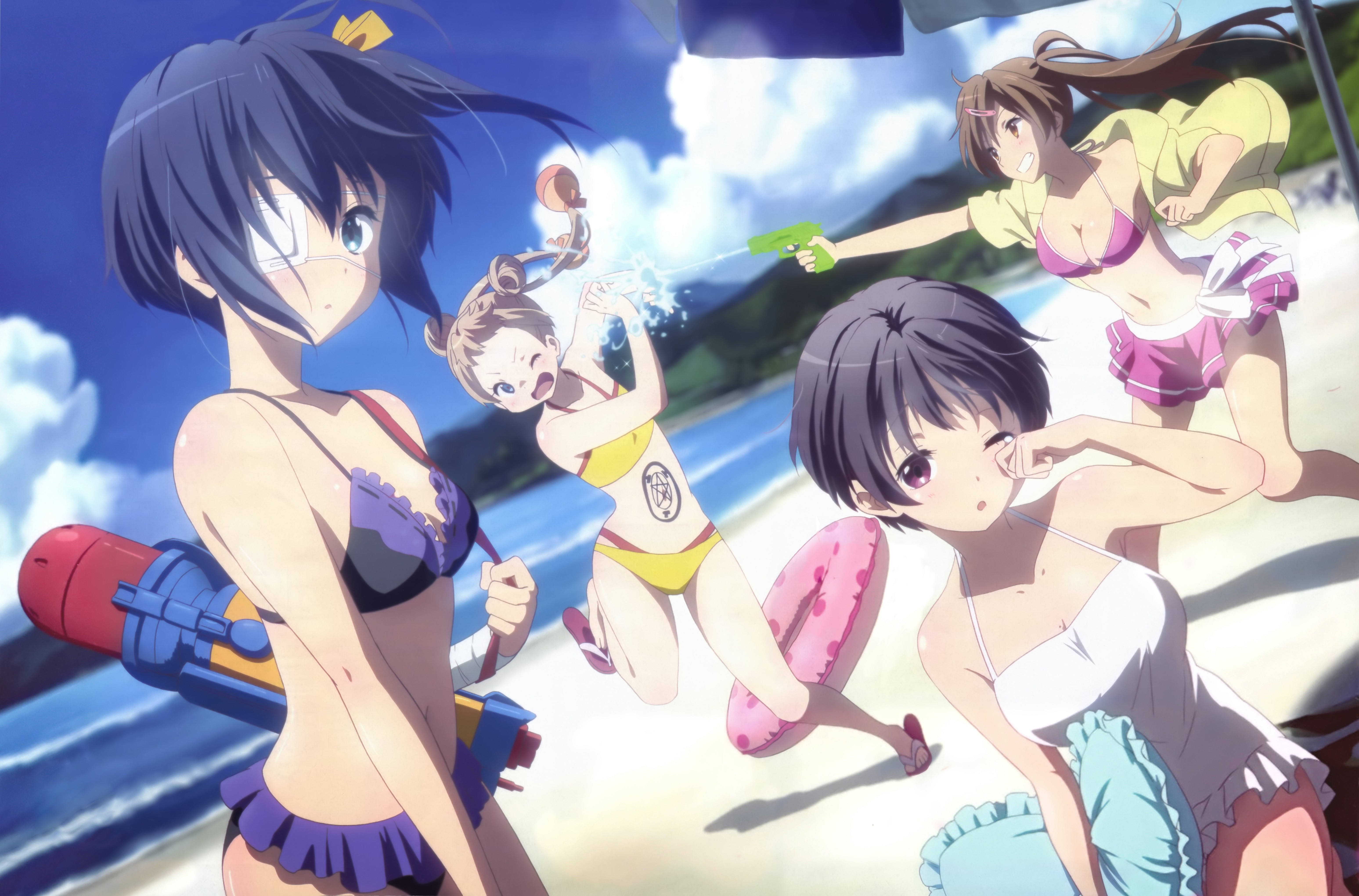Anime 6190x4083 Chuunibyou demo Koi ga Shitai! anime girls swimwear Takanashi Rikka Nibutani Shinka Dekomori Sanae Kumin Tsuyuri anime group of women women on beach boobs belly bikini
